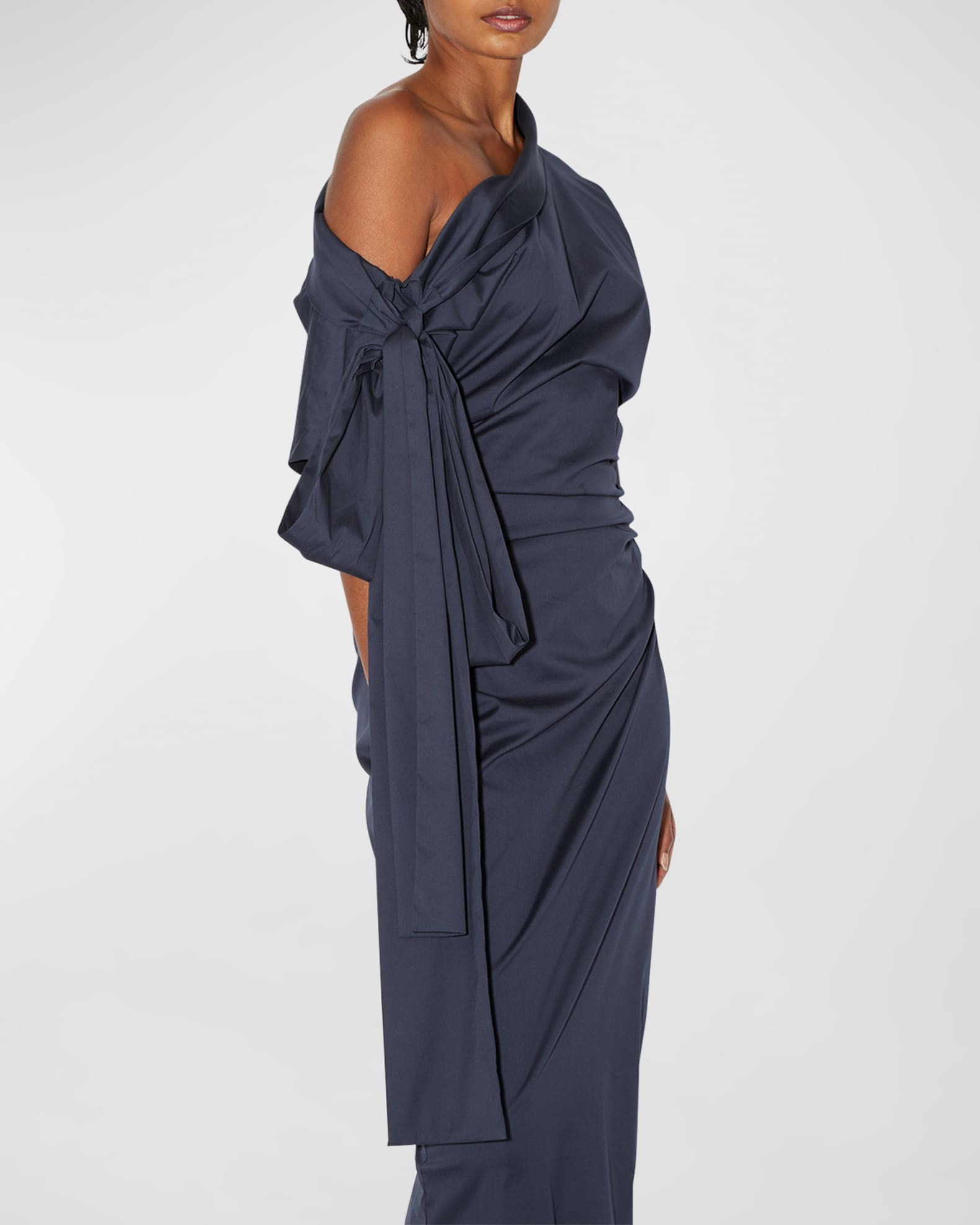 Bernadette One Shoulder Midi Dress In Brown With Black Print Satin