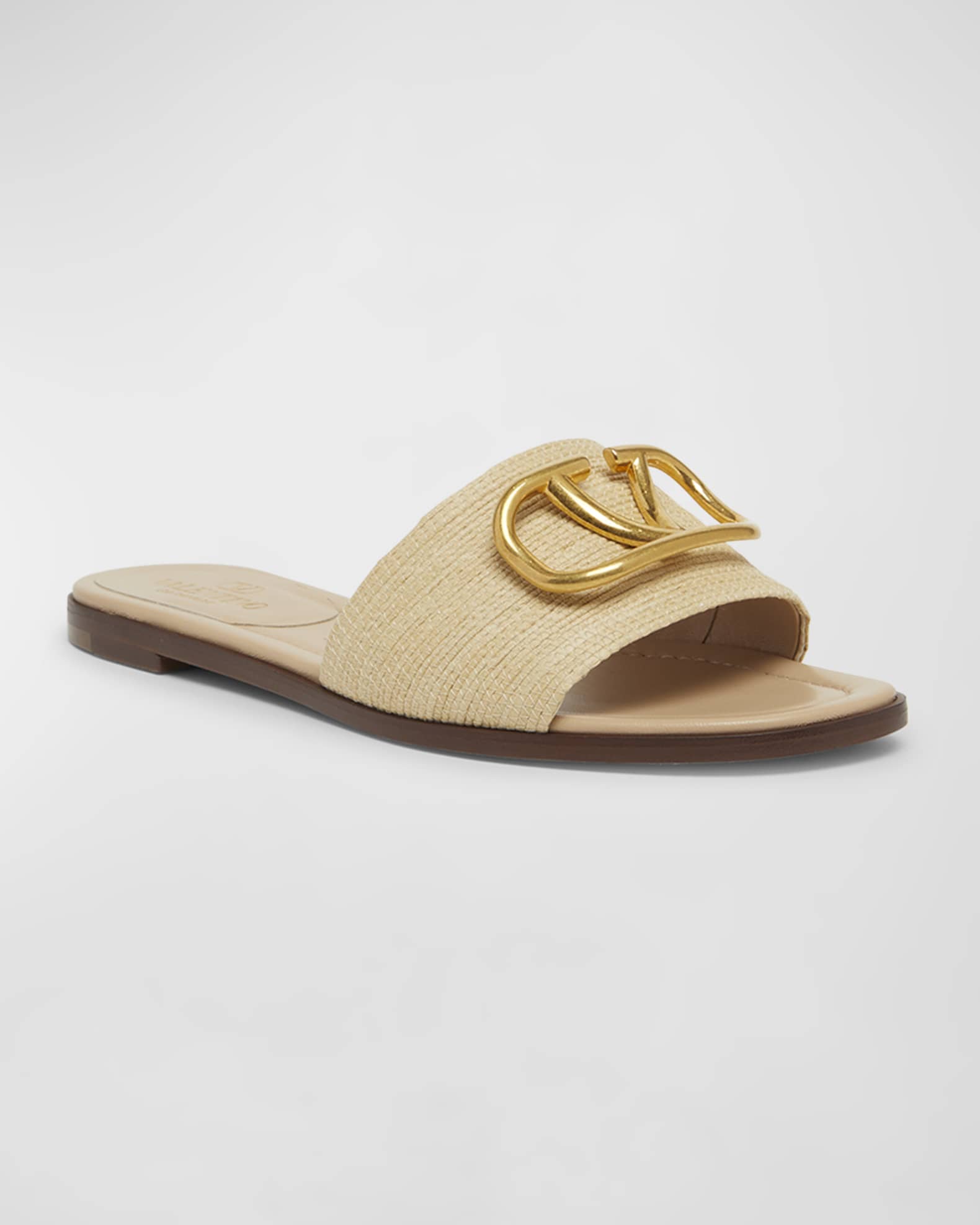 Valentino Garavani VLogo Medallion Raffia Slide Sandals Neiman Marcus