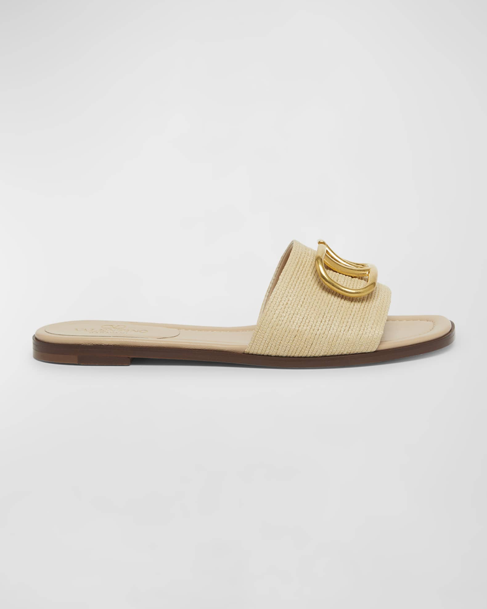 Valentino Garavani VLogo Medallion Raffia Slide Sandals Neiman Marcus