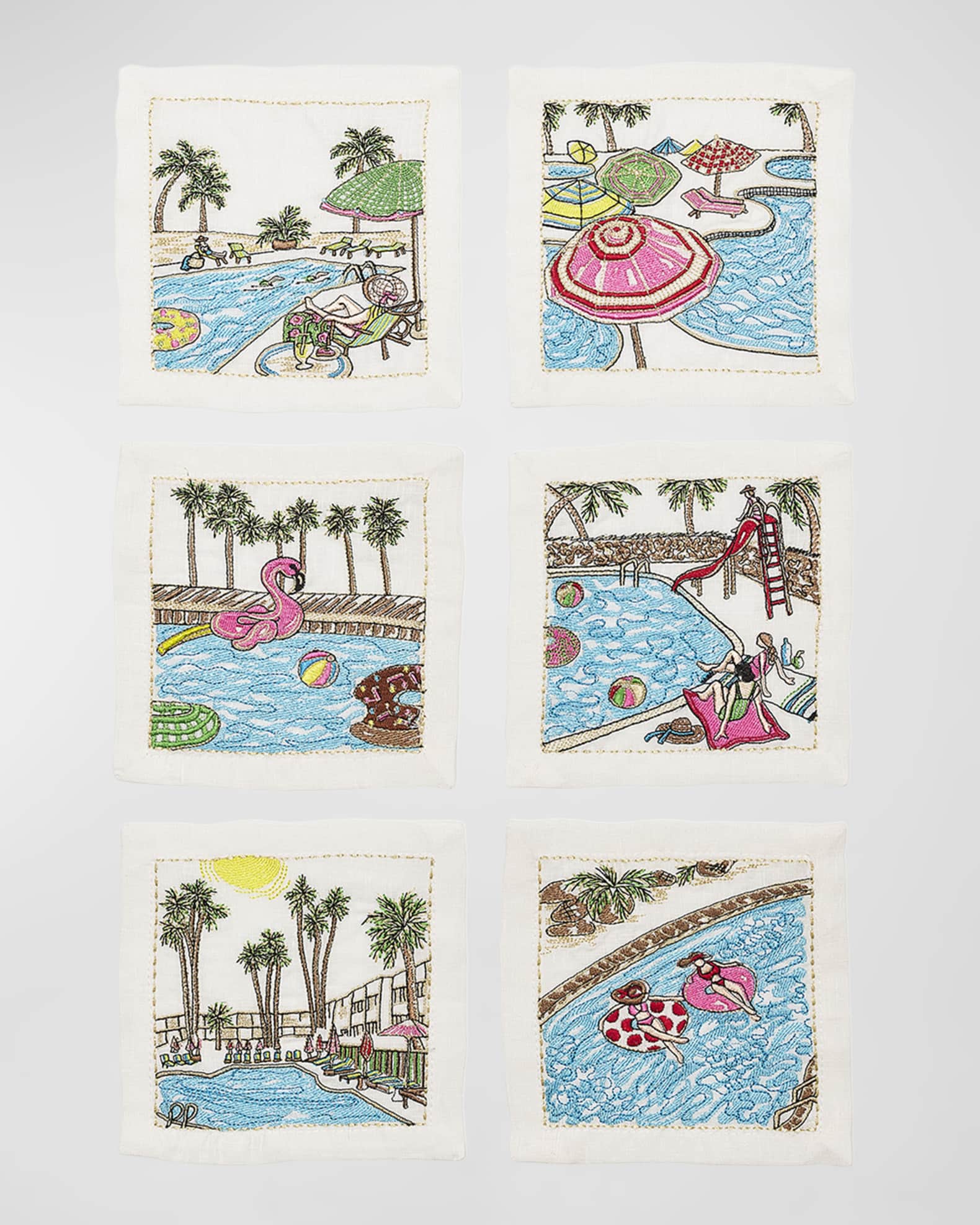 Pool Day Embroidered Cocktail Napkins, Set of 6