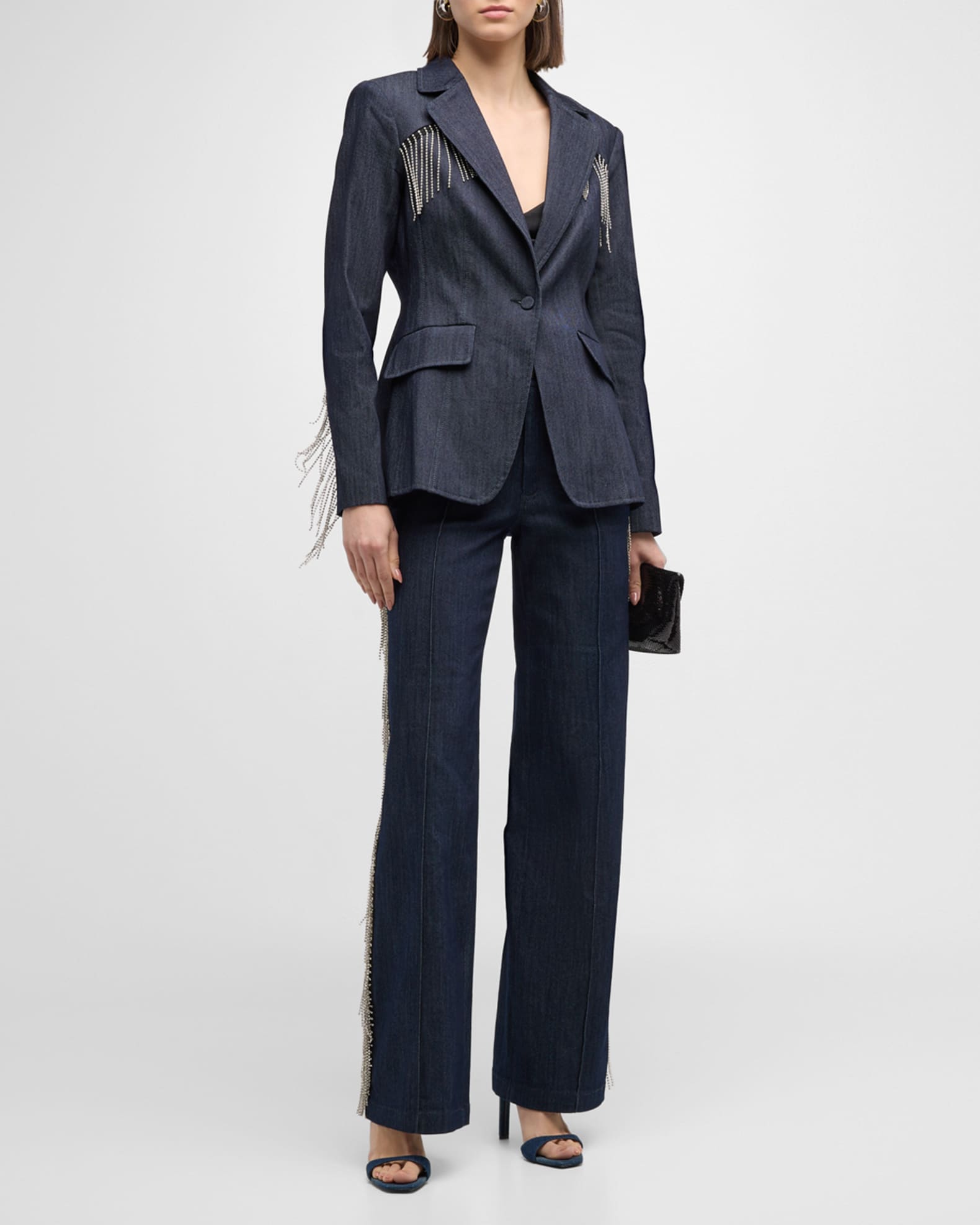 Cinq a Sept Sasha Rhinestone Fringe Denim Blazer | Neiman Marcus