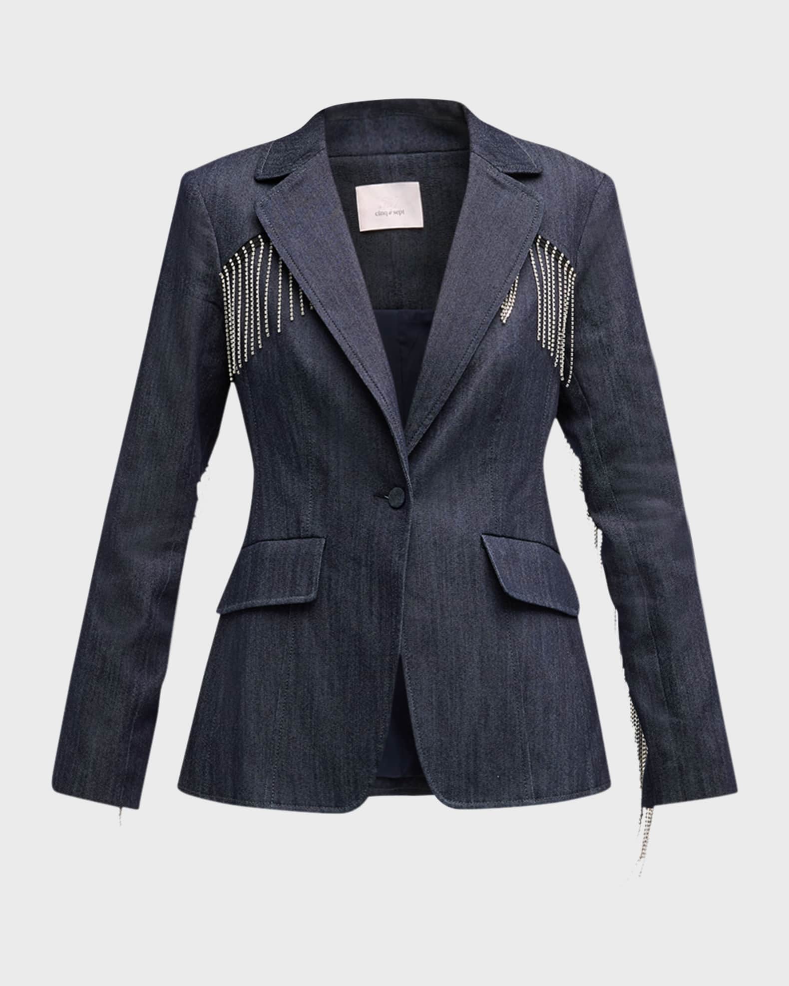 Cinq a Sept Sasha Rhinestone Fringe Denim Blazer | Neiman Marcus
