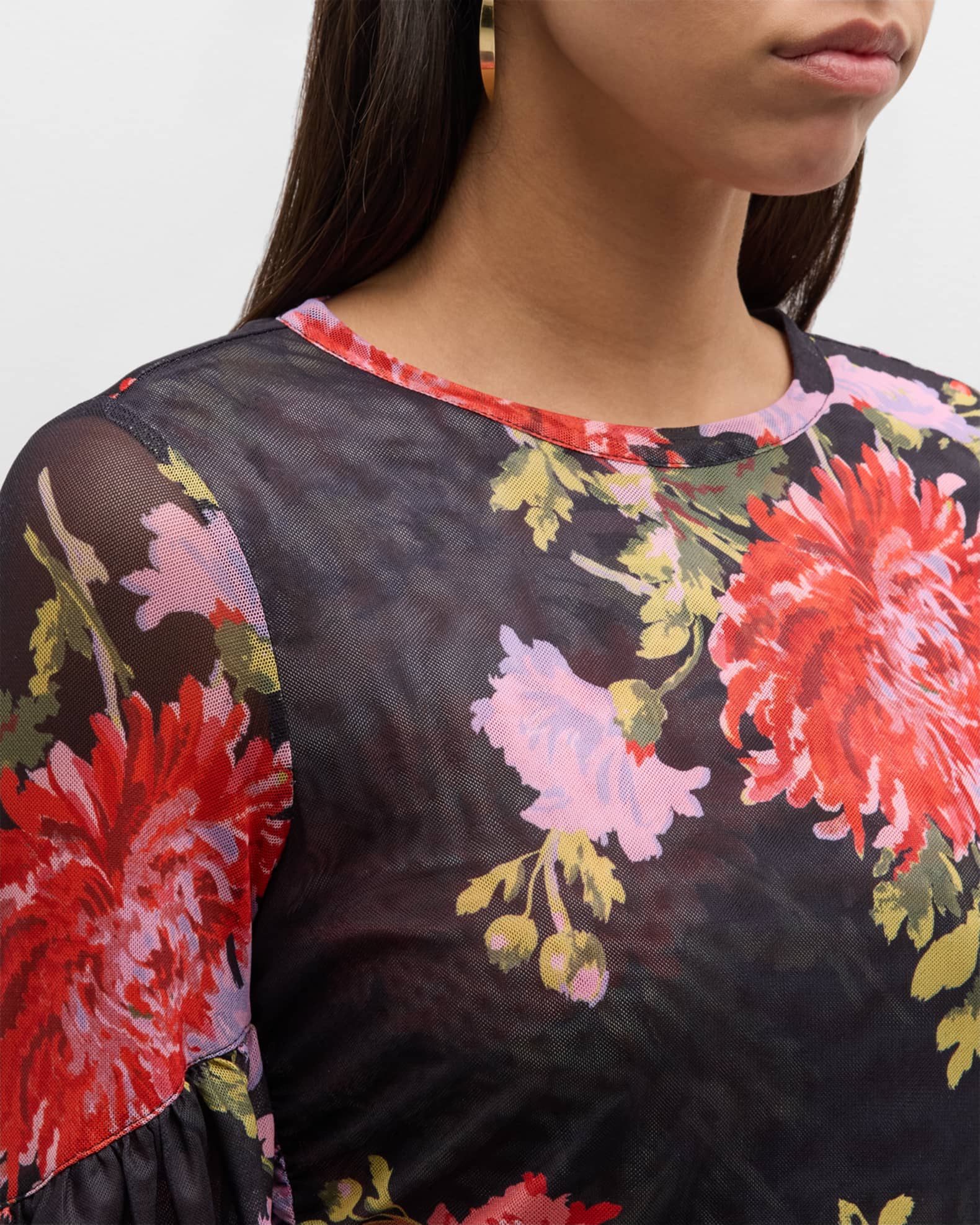 Cinq a Sept Elle Floral-Print Ruffle-Sleeve Shirred Top | Neiman Marcus