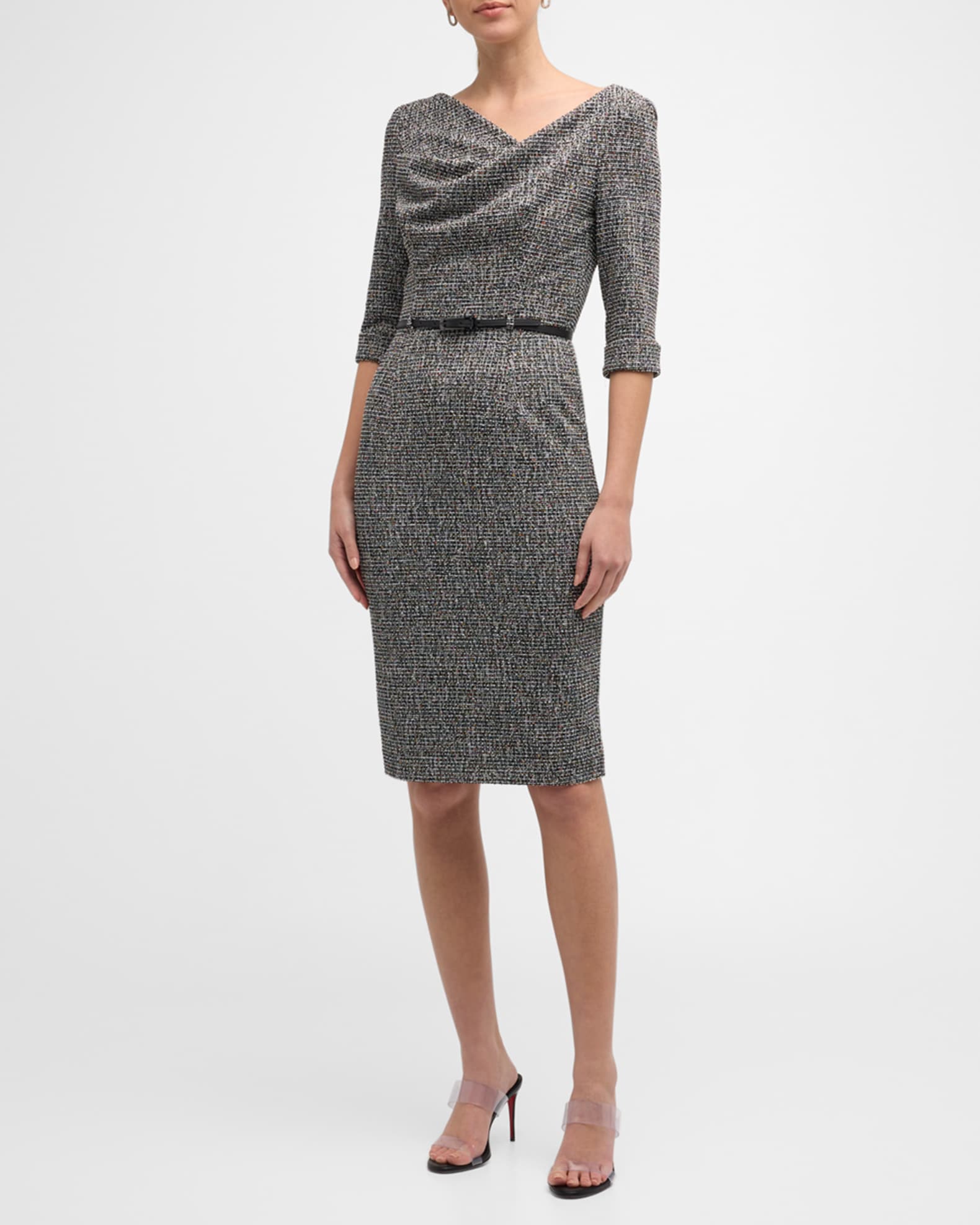 Jackie Cowl-Neck Bodycon Tweed Midi Dress 1