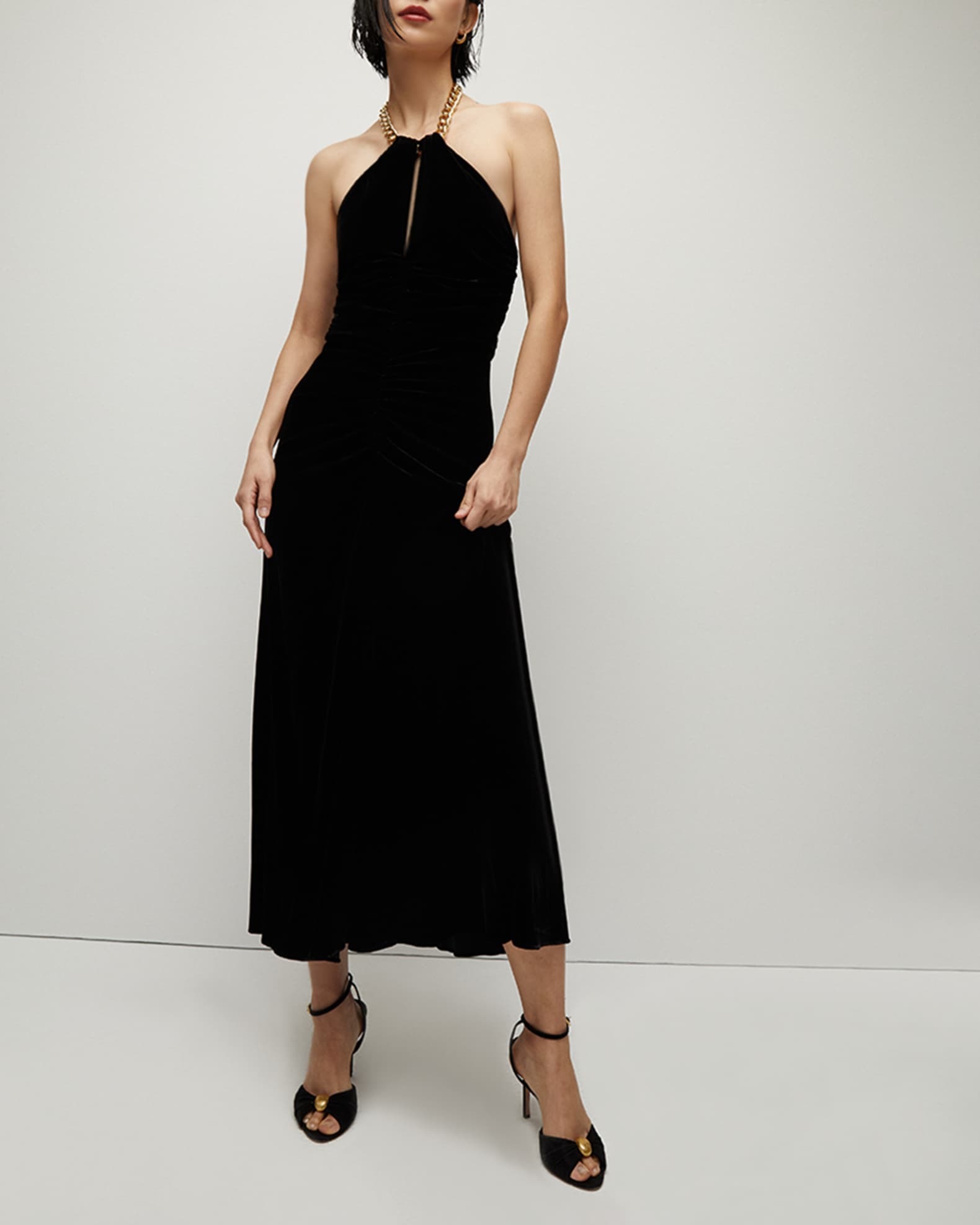 Off-shoulder velvet-trimmed cady gown