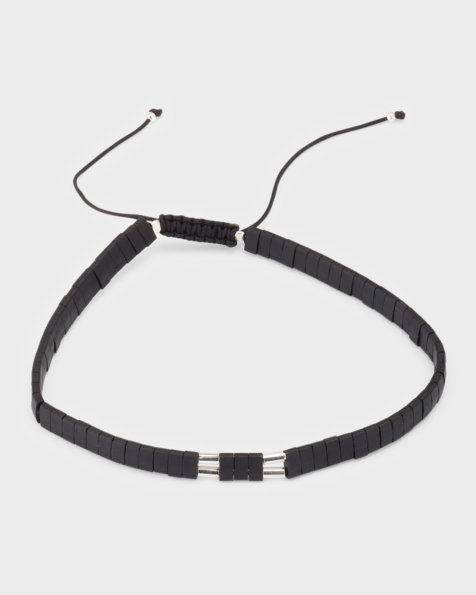 Men's Sterling Silver and Chiclet Beaded Pull Cord Bracelet  0