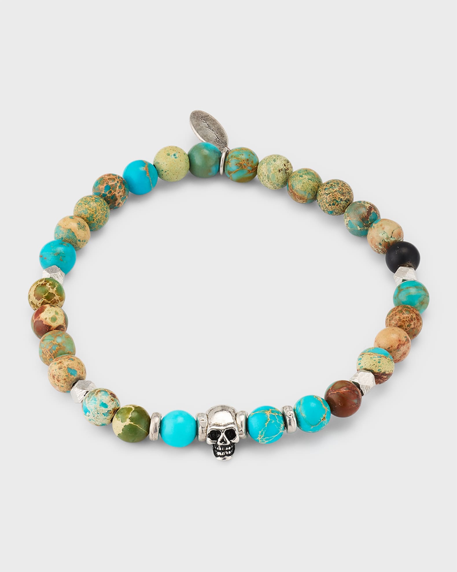 Men's Chrysocolla and Black Agate Beaded Bracelet with Sterling Silver Skull  0