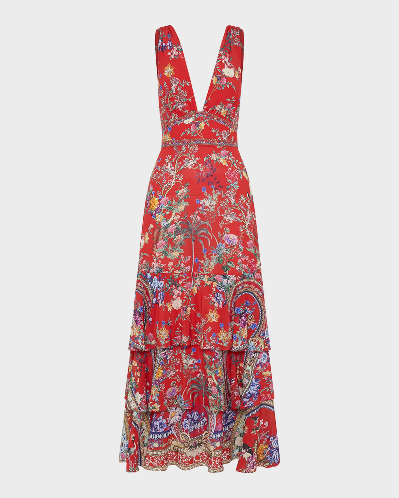 Camilla Floral Silk Tiered Tie-Back Ruffle-Hem Dress