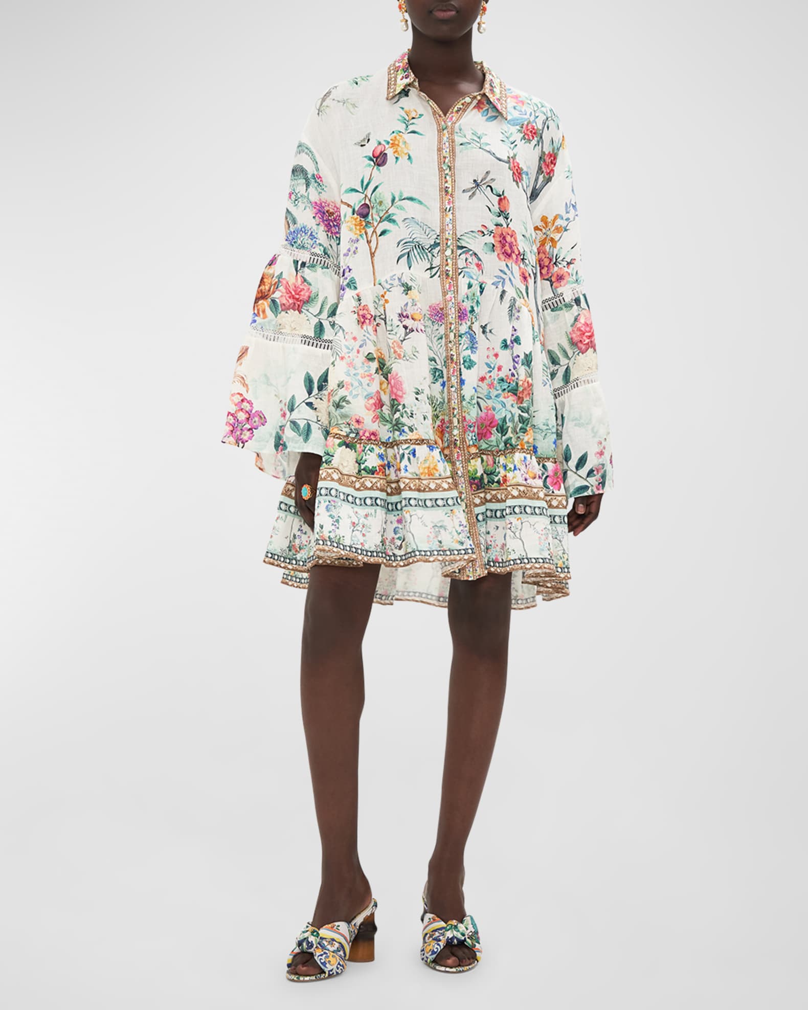 Camilla Lace-Trim Yoke Tiered Linen Mini Shirt Dress | Neiman Marcus