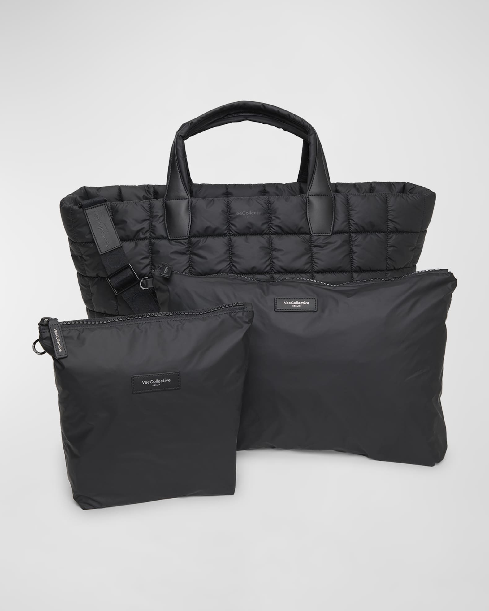 Vee Collective Matt Black Porter Medium Quilted recycled nylon Tote Bag