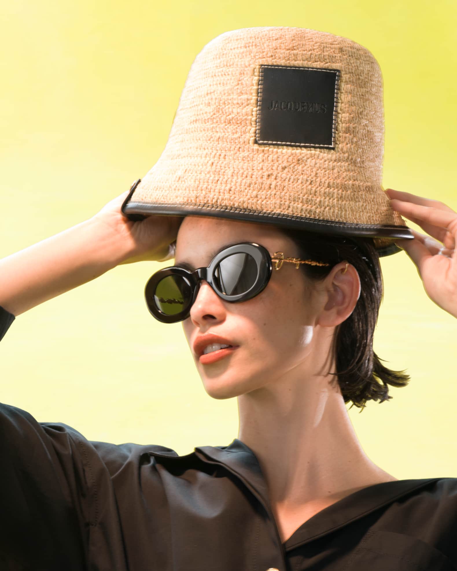 Le Bob Soli Raffia & Black Leather Bucket Hat | Neiman Marcus Le Bob Soli Raffia & Black Leather Bucket Hat | Neiman Marcus