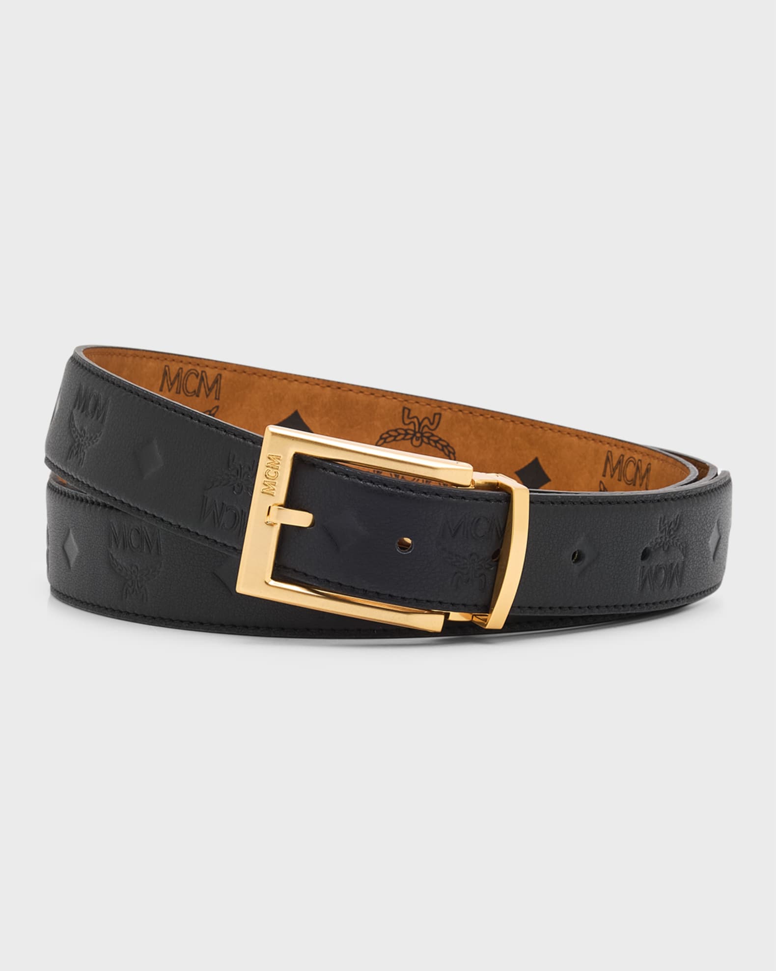 MCM Men s Monogram Embossed Leather Belt Neiman Marcus