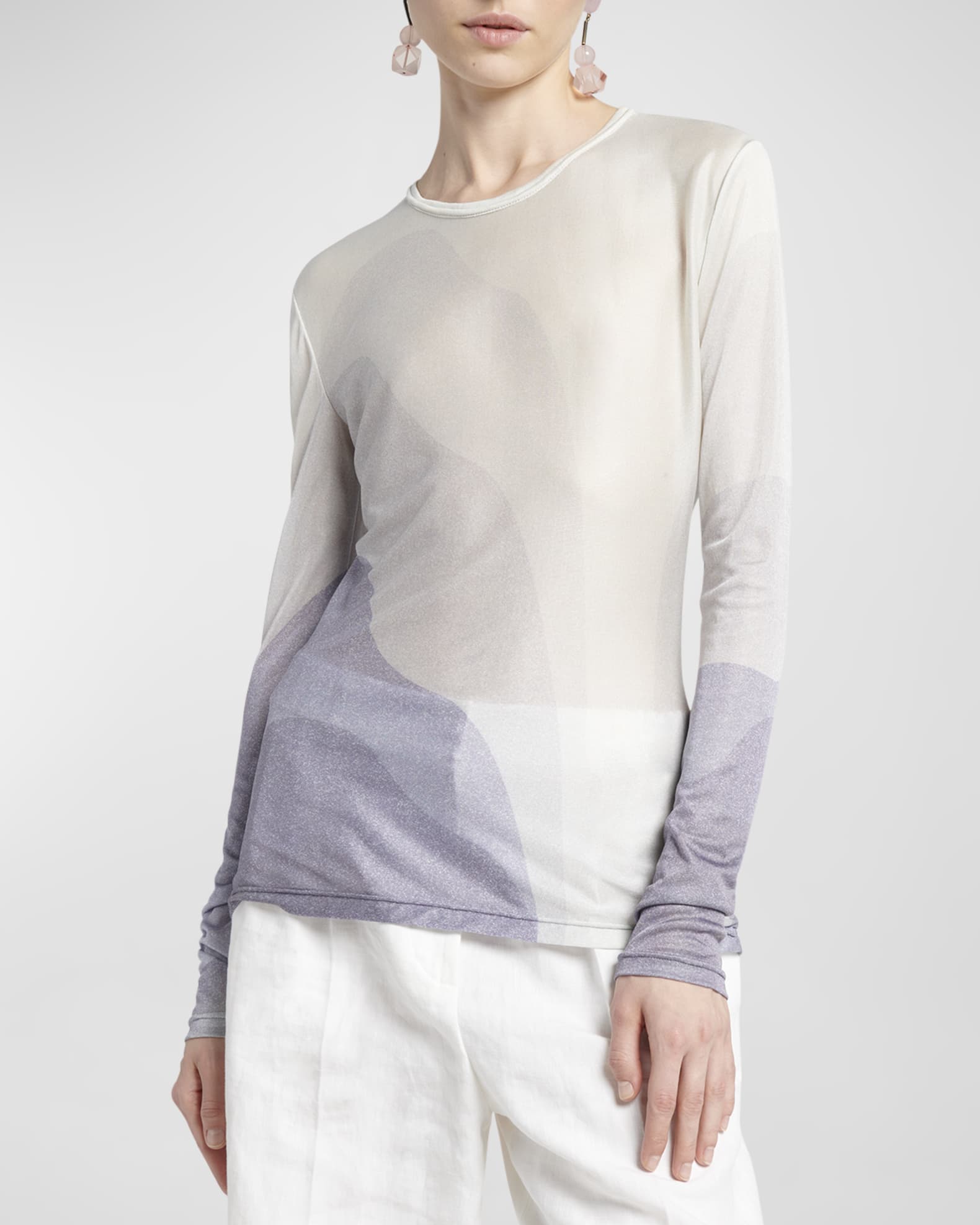 トップス Giorgio Armani long sleeve knit Giorgio Armani Wave-Print Long-Sleeve Metallic Silk Jersey