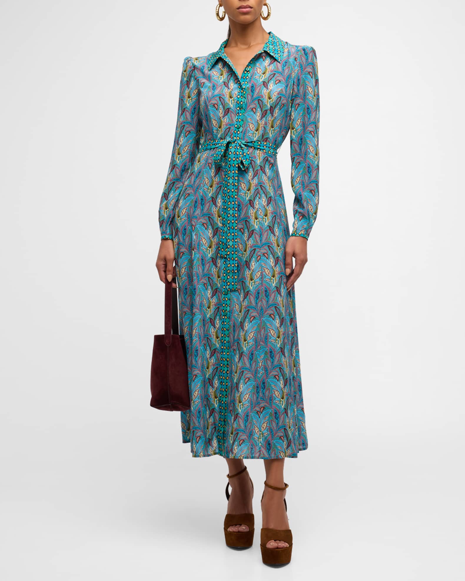 Saloni Vanessa B Tie Belt Silk Maxi Shirt Dress Neiman Marcus