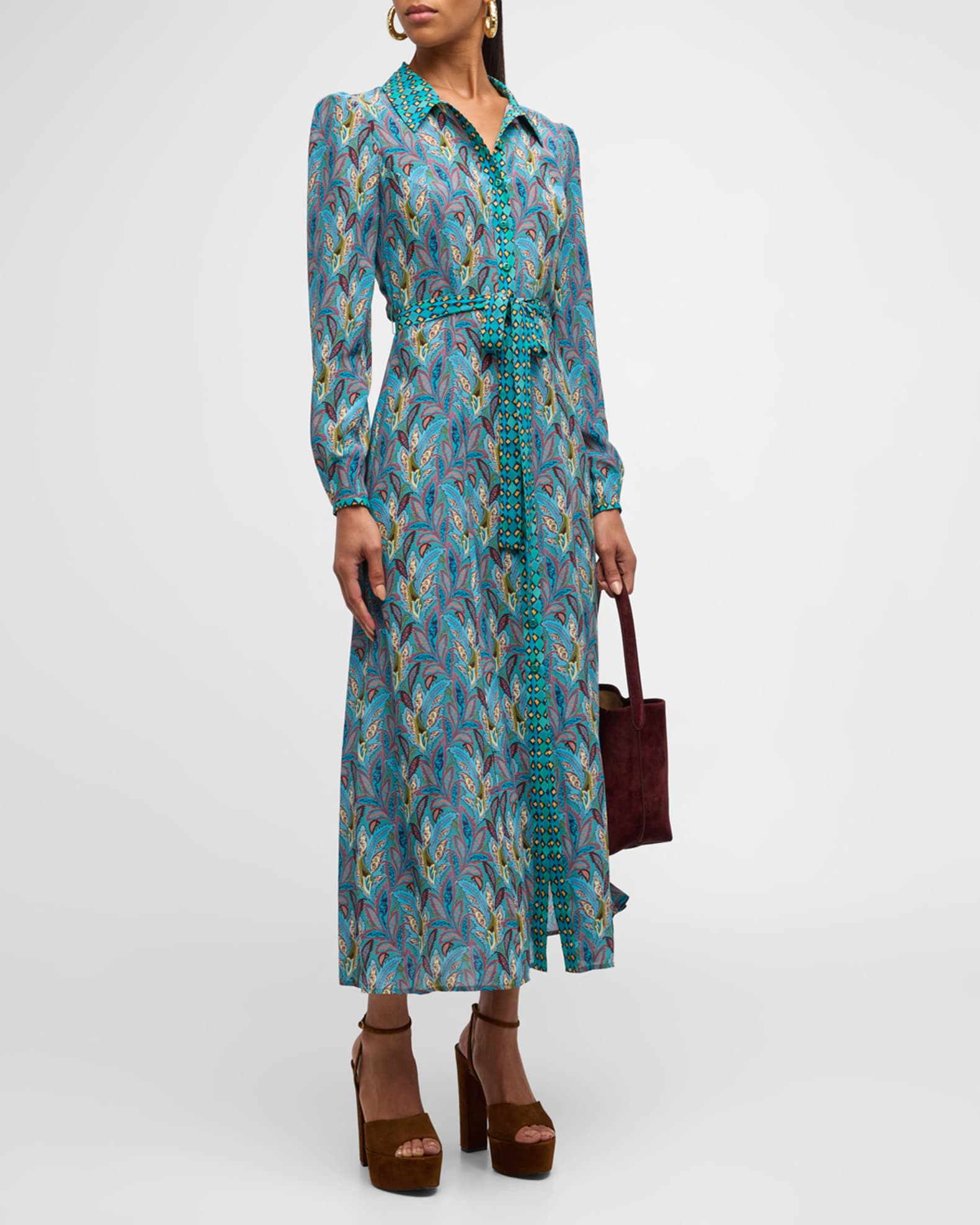 Saloni Vanessa B Tie Belt Silk Maxi Shirt Dress Neiman Marcus