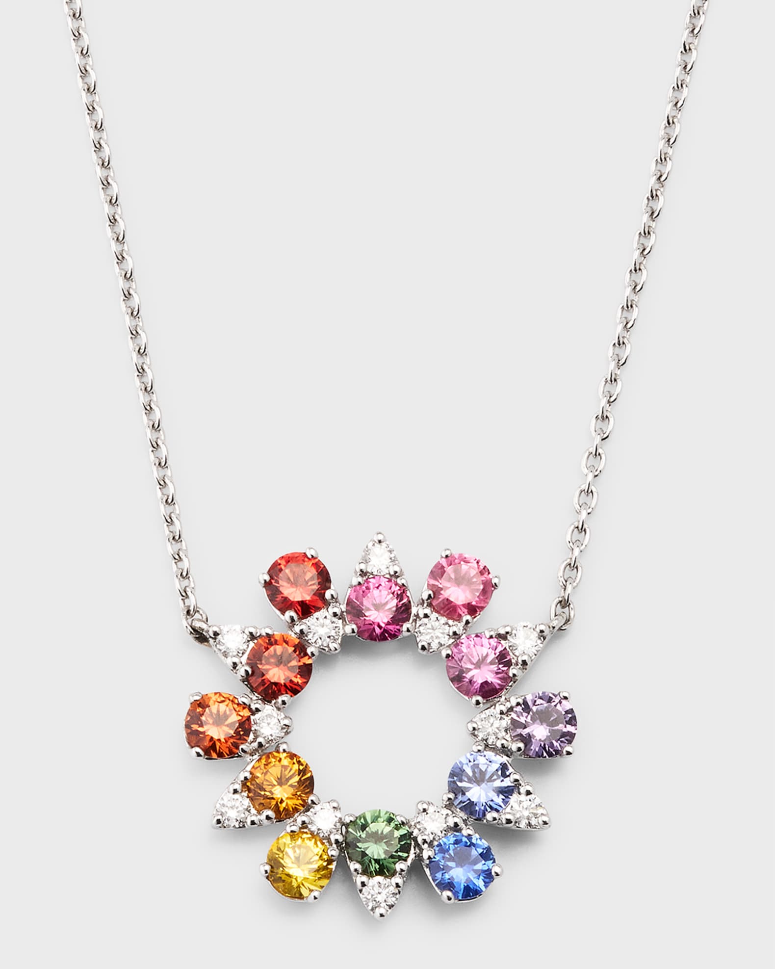 Rainbow 18K White Gold Round Sapphire and Diamond Pendant Necklace 0