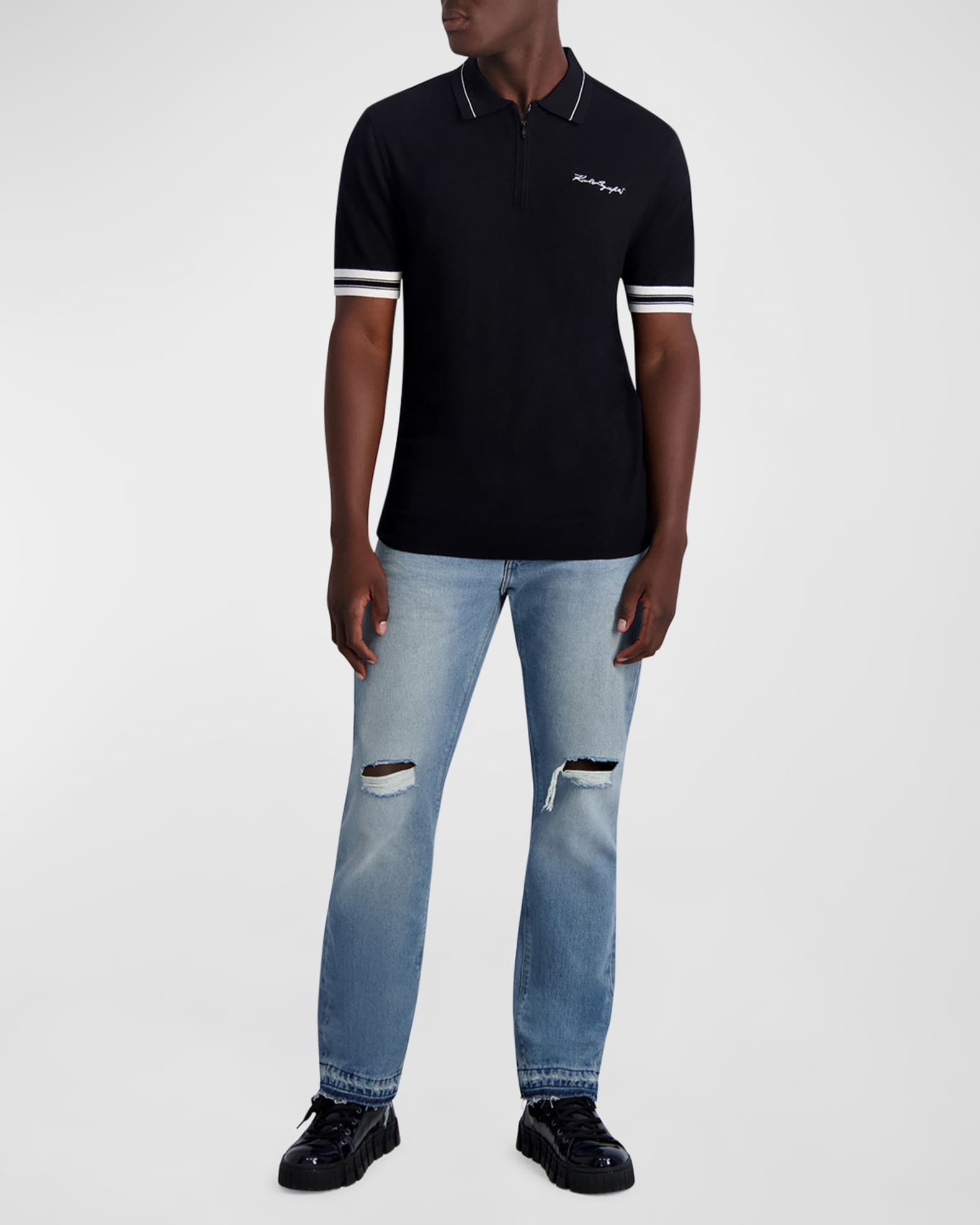 Karl Lagerfeld logo-embroidered bouclé-trim polo top - Black