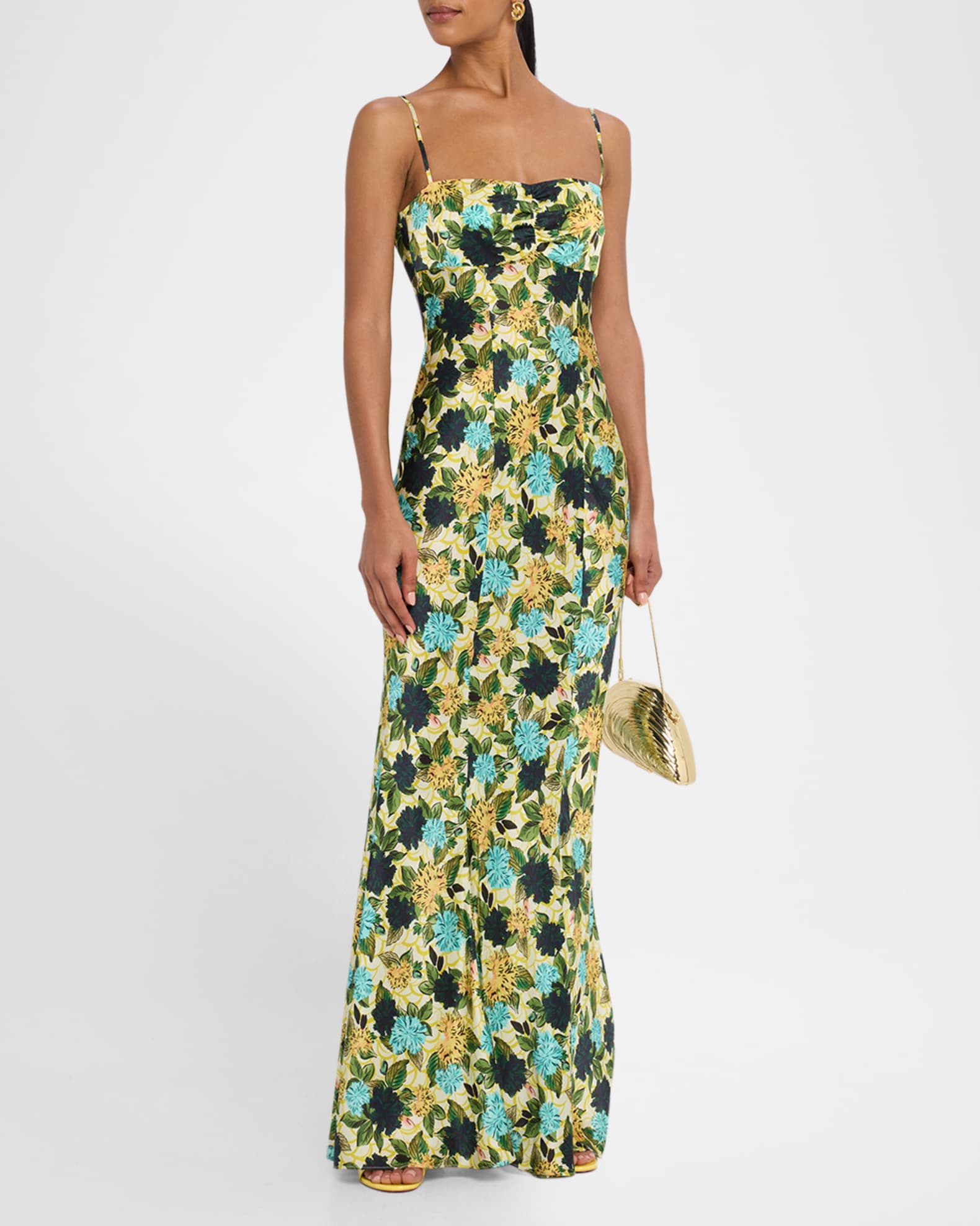 Renee Long Floral Silk Spaghetti-Strap Dress 1