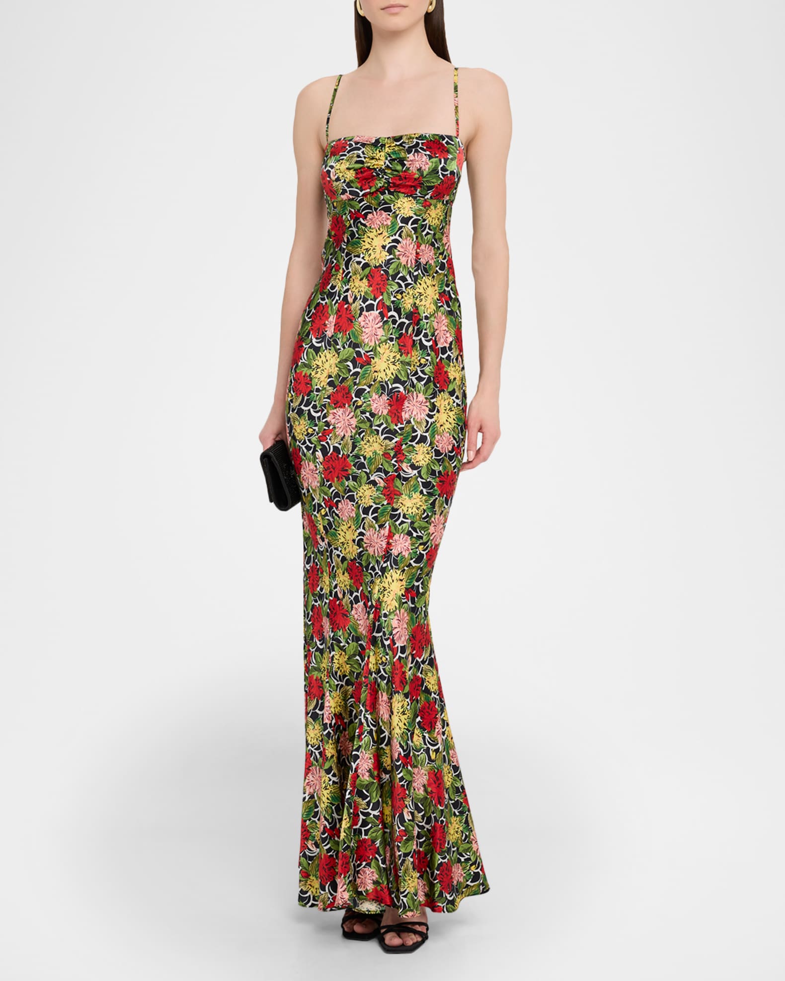 Renee Long Floral Silk Spaghetti-Strap Dress 1