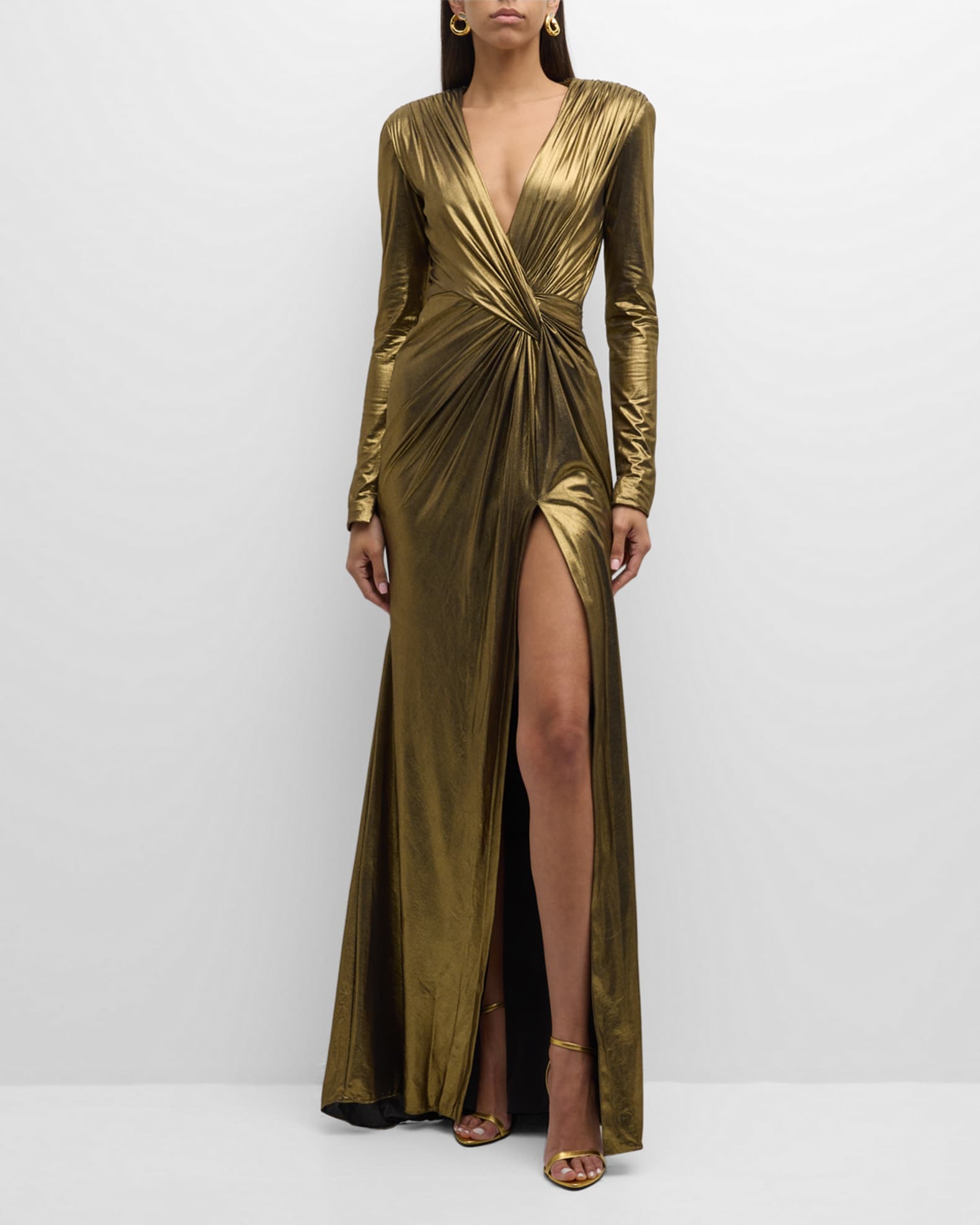 Pamella Roland Metallic Draped Lame Gown with Slit Gold
