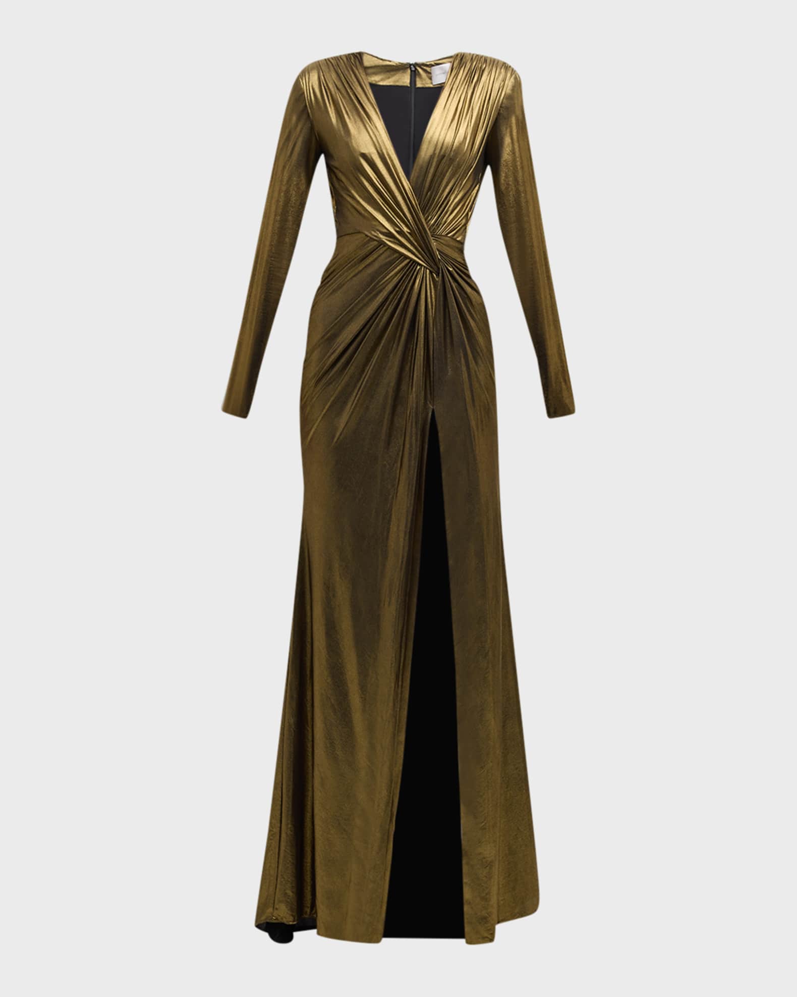 Pamella Roland Women s Draped Metallic Lame Evening Gown with Slit
