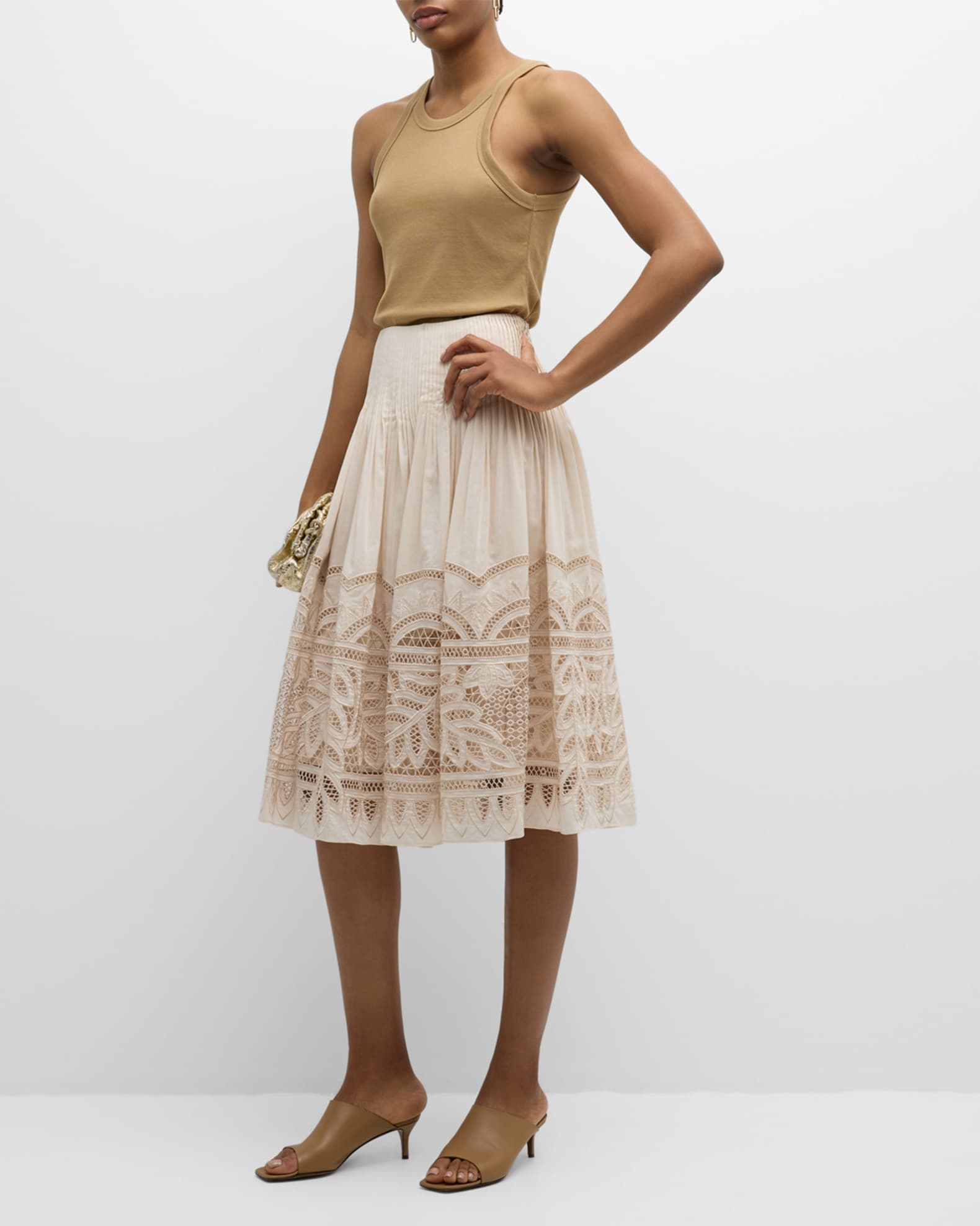 Ivory Cotton Floral Embroidered Midi Pleated Skirt