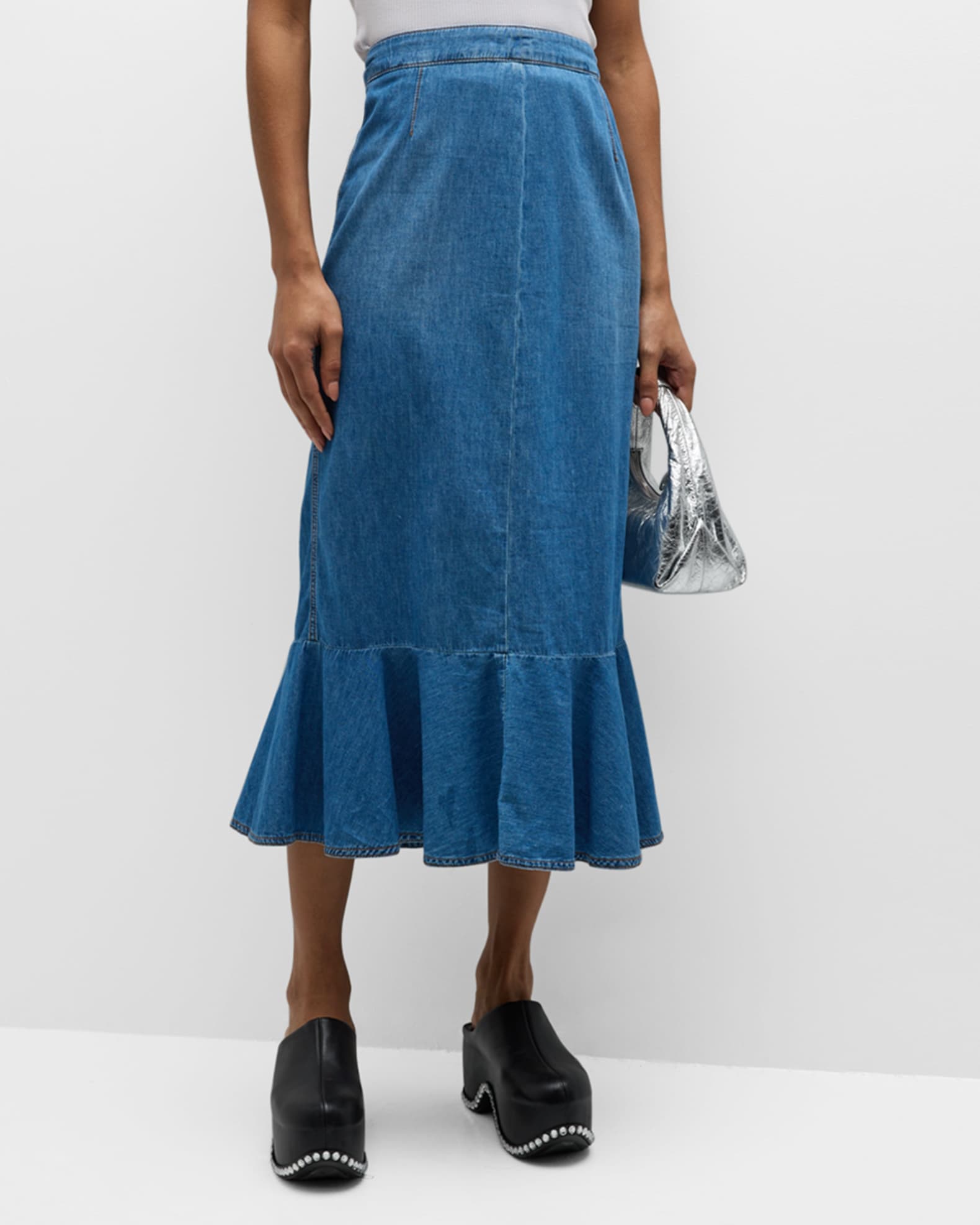 Chambray Fit and Flare Midi Skirt