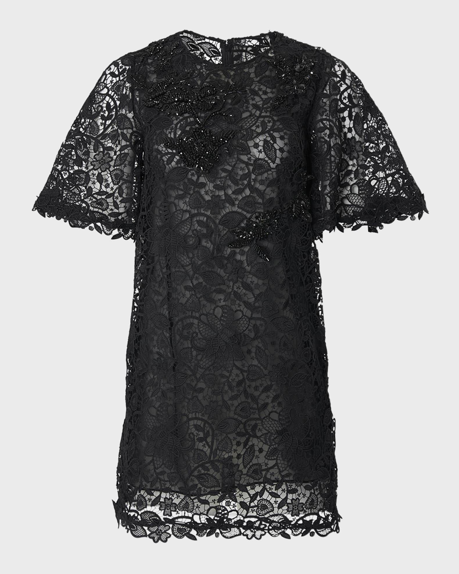 Carolina Herrera Beaded Flutter-Sleeve Lace Mini Shift Dress