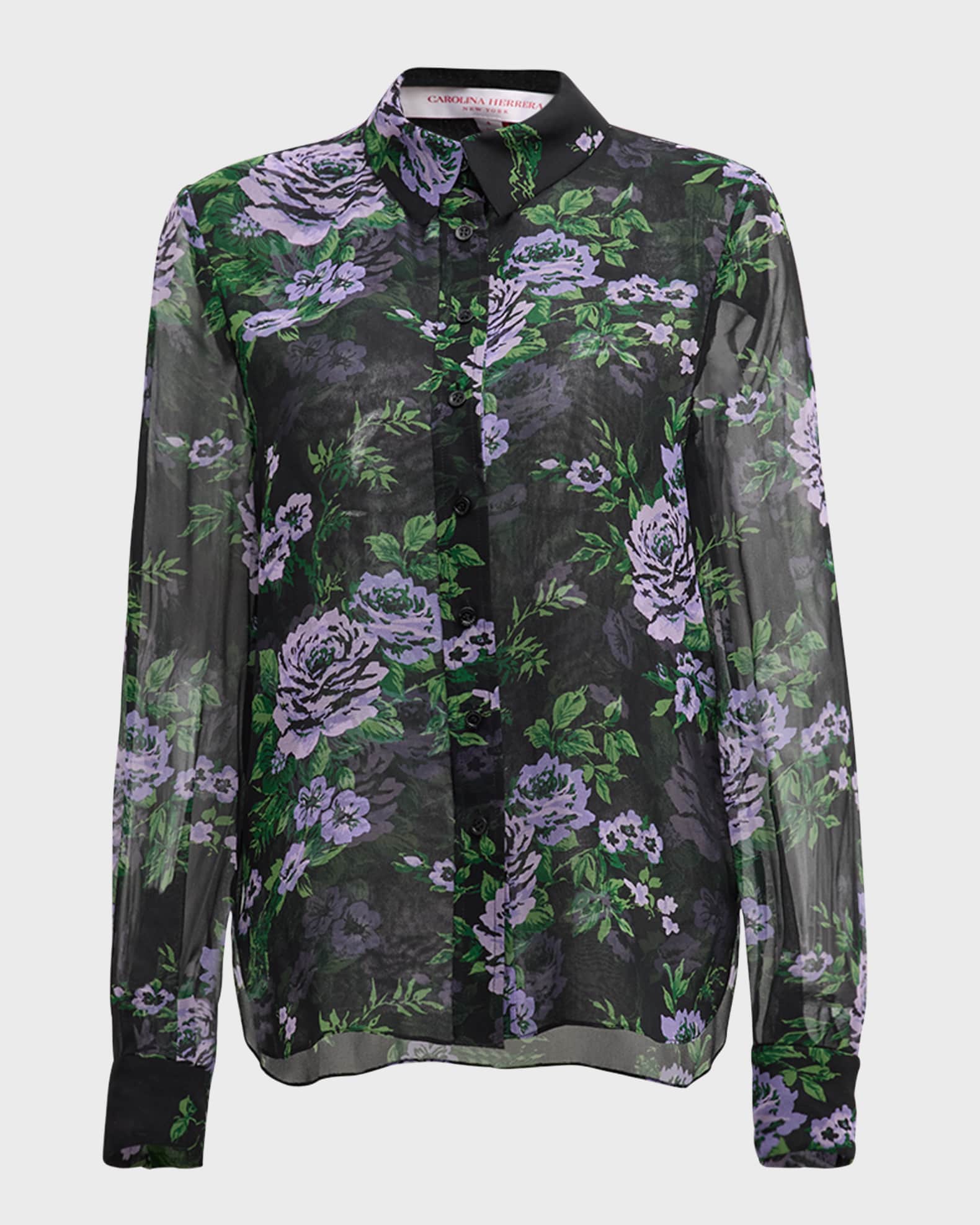 Carolina Herrera Floral-Print Collared Chiffon Silk Blouse
