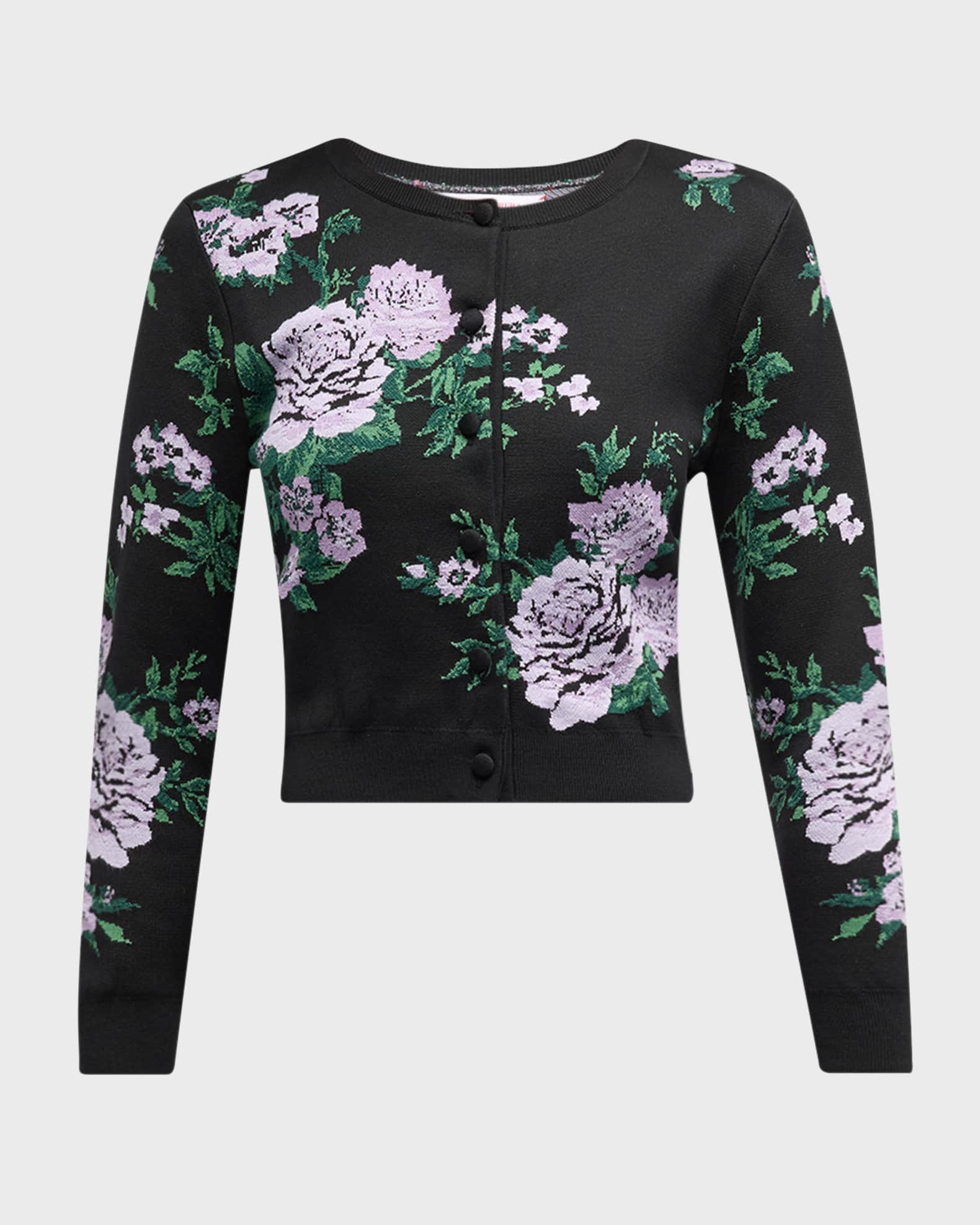 Carolina Herrera Floral Silk Knit Crewneck Crop Cardigan
