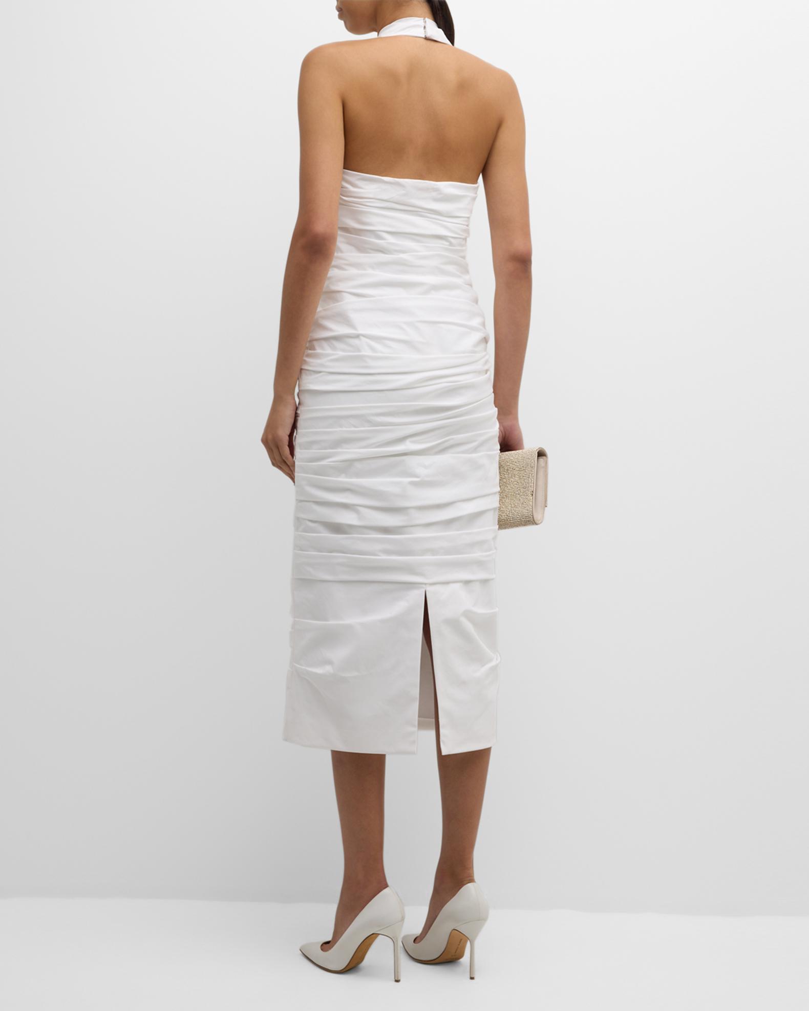 Halter beaded flower applique ruched midi dress