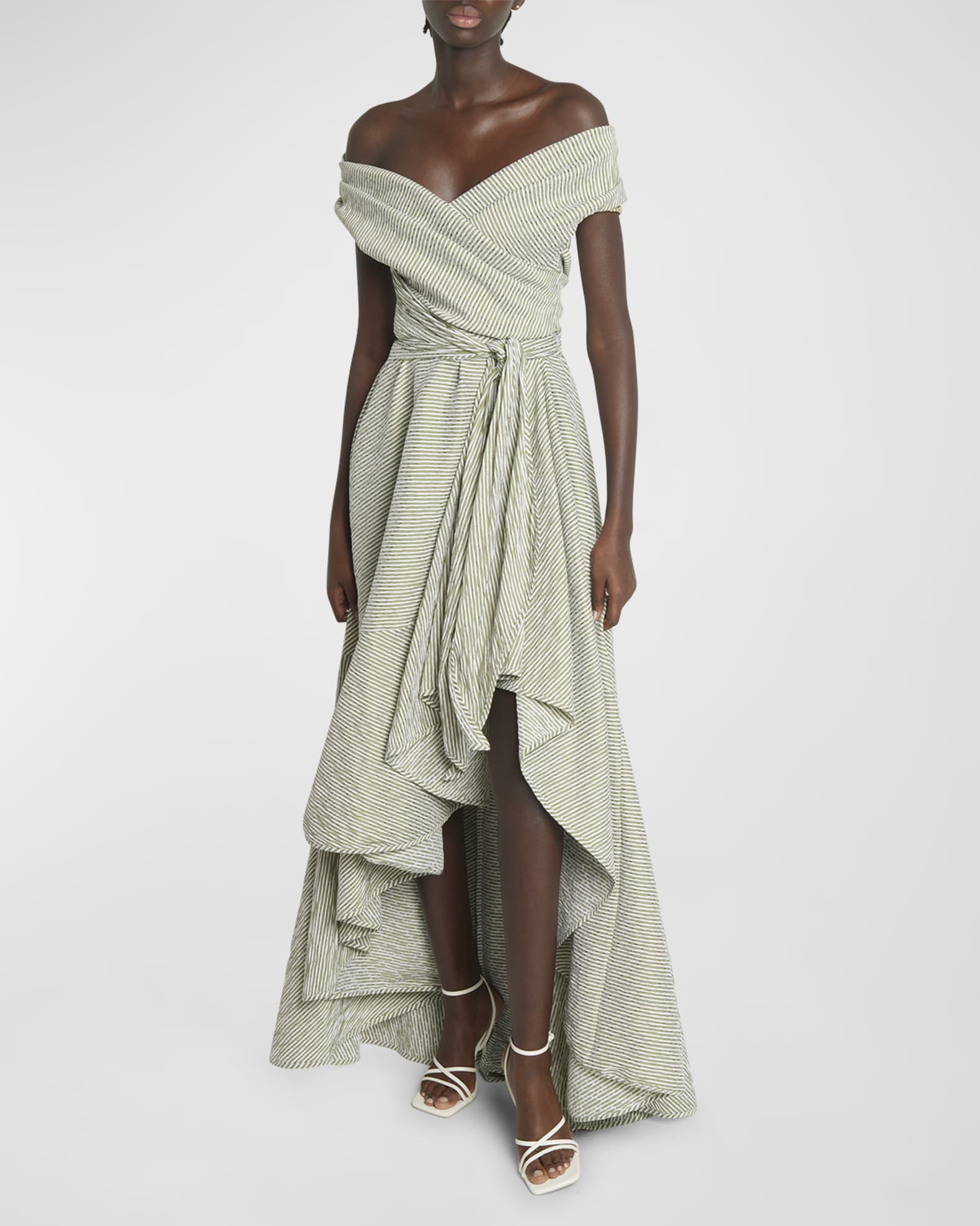 Talbot Runhof Women s Off The Shoulder Seersucker High Low Dress