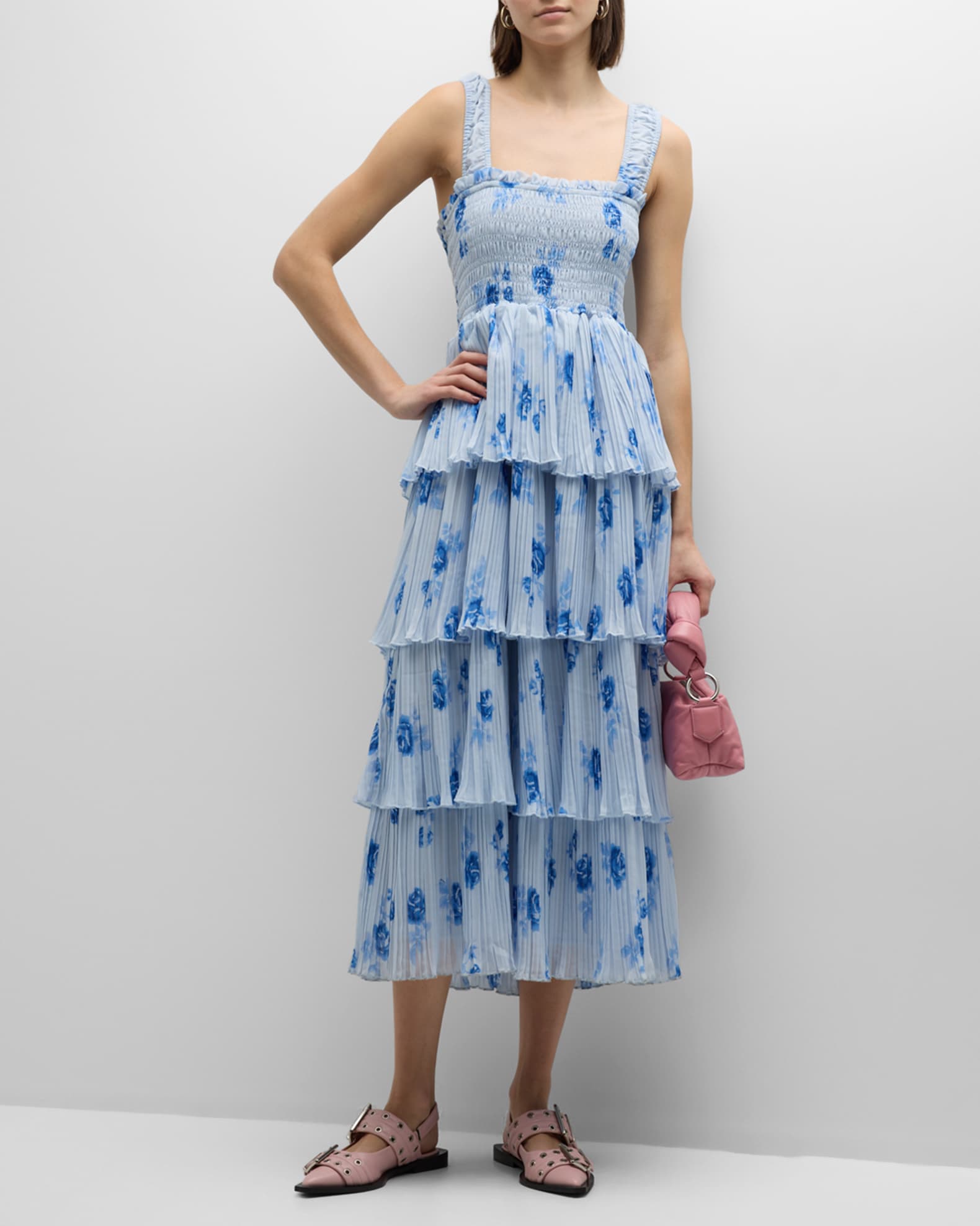 ganni floral-print linen and silk-blend midi dress Ganni Women's Floral Pleated Georgette Midi-Dress - Heather