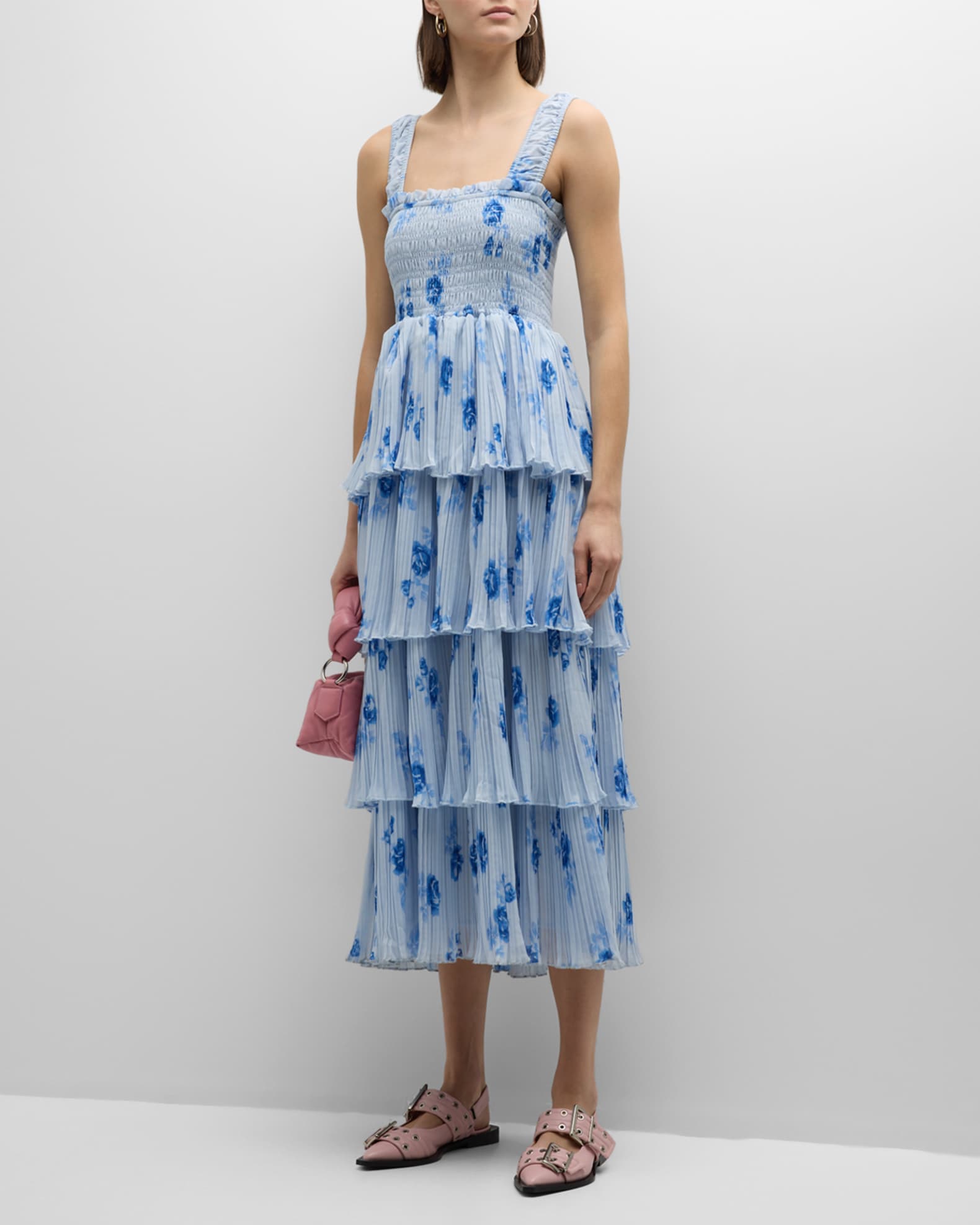 Ganni Floral Pleated Georgette Midi Dress | Neiman Marcus