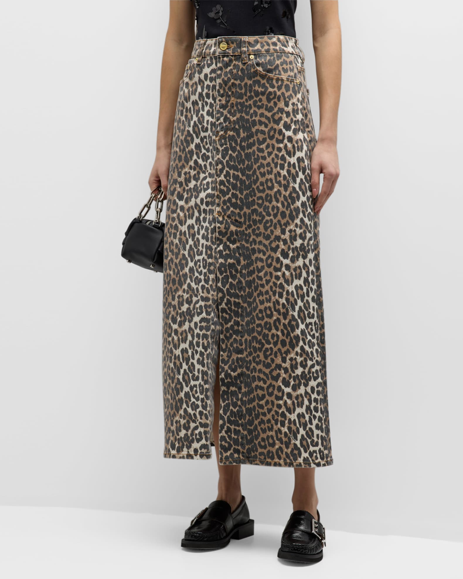 Leopard Print Denim Maxi Skirt