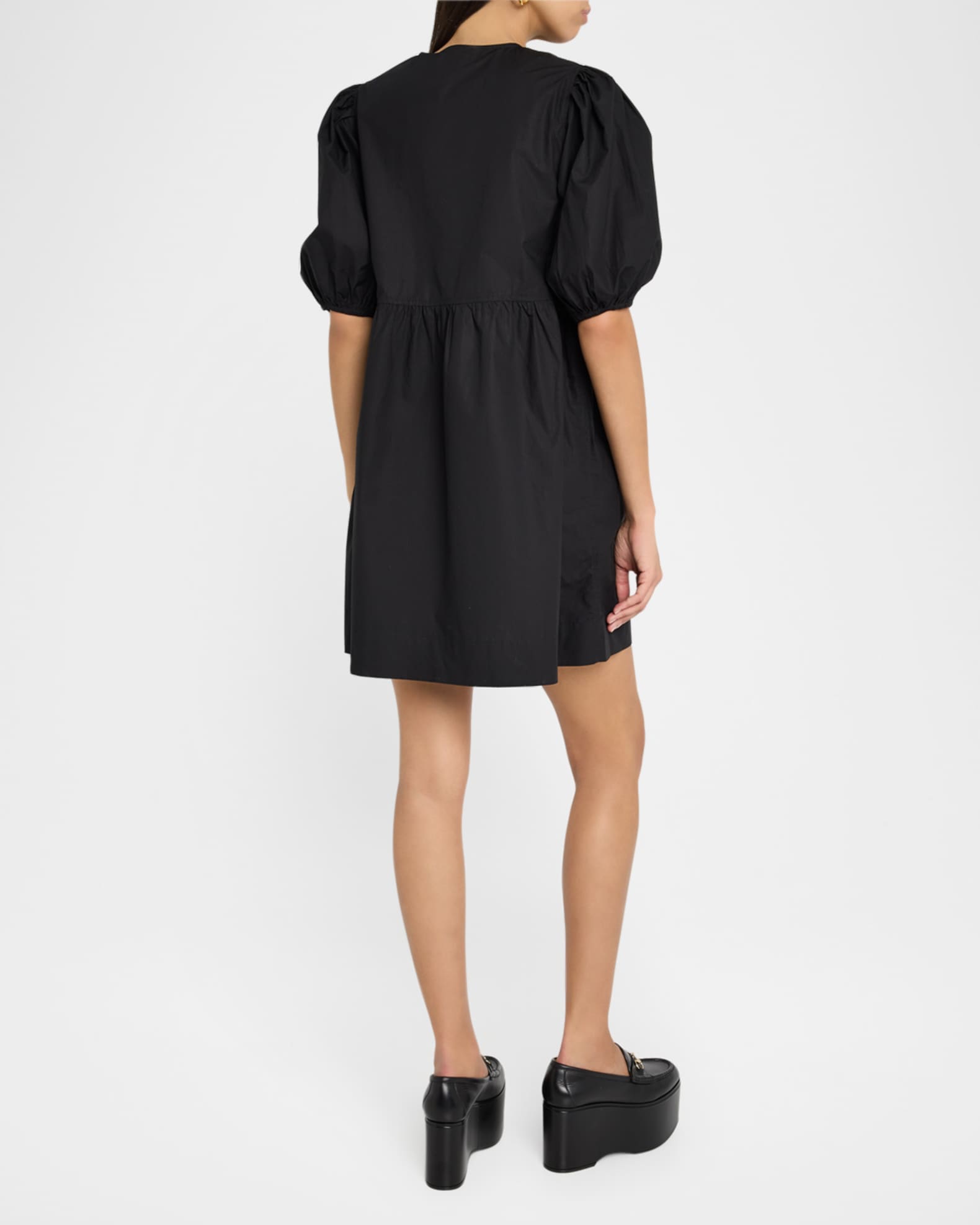 Ganni Tie-Front Puff-Sleeve Poplin Mini Dress | Neiman Marcus