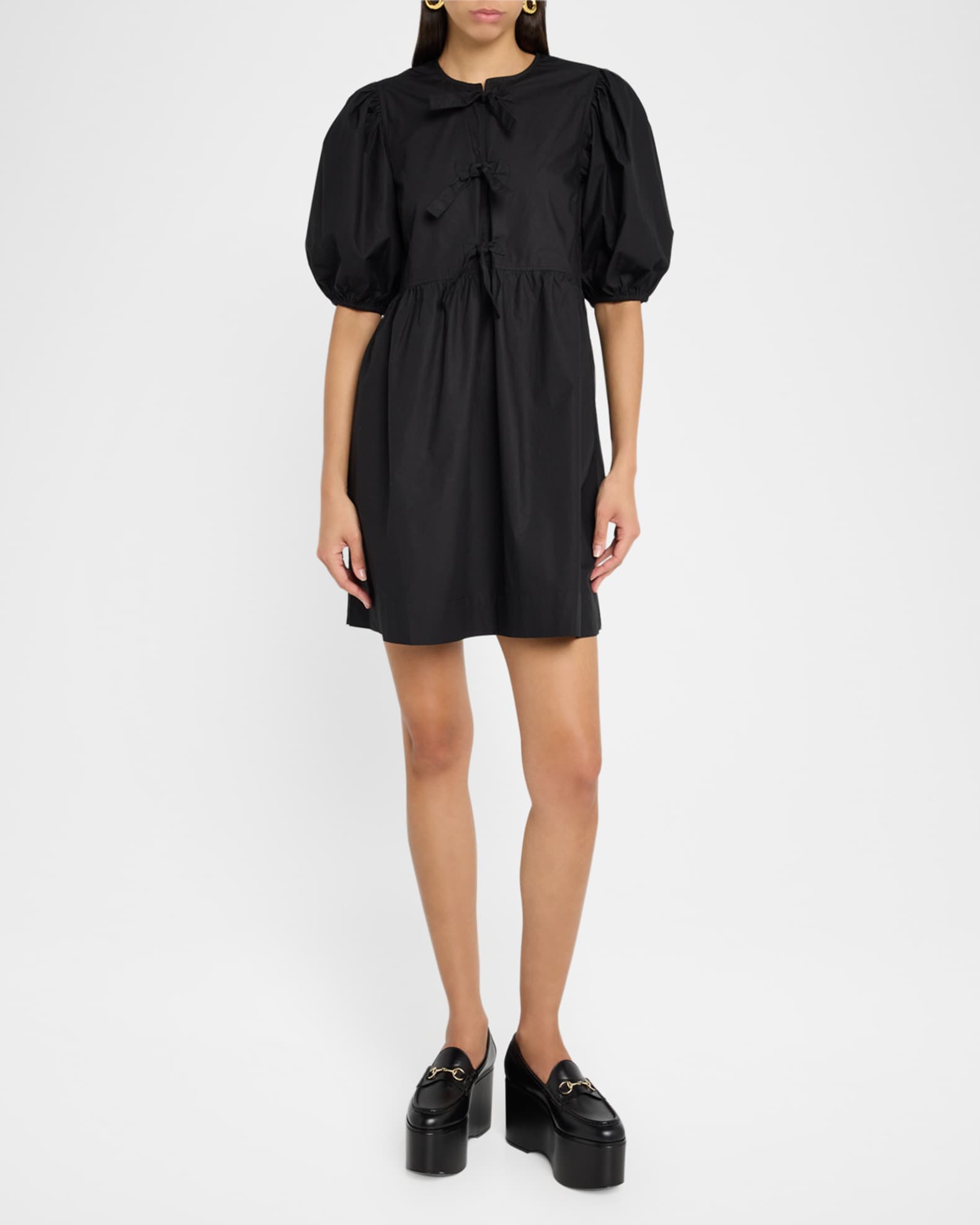 ワンピース [Ganni] Stretch Puff Sleeve Smoke Mini Dress Black Black Washed Smock Dress | GANNI US