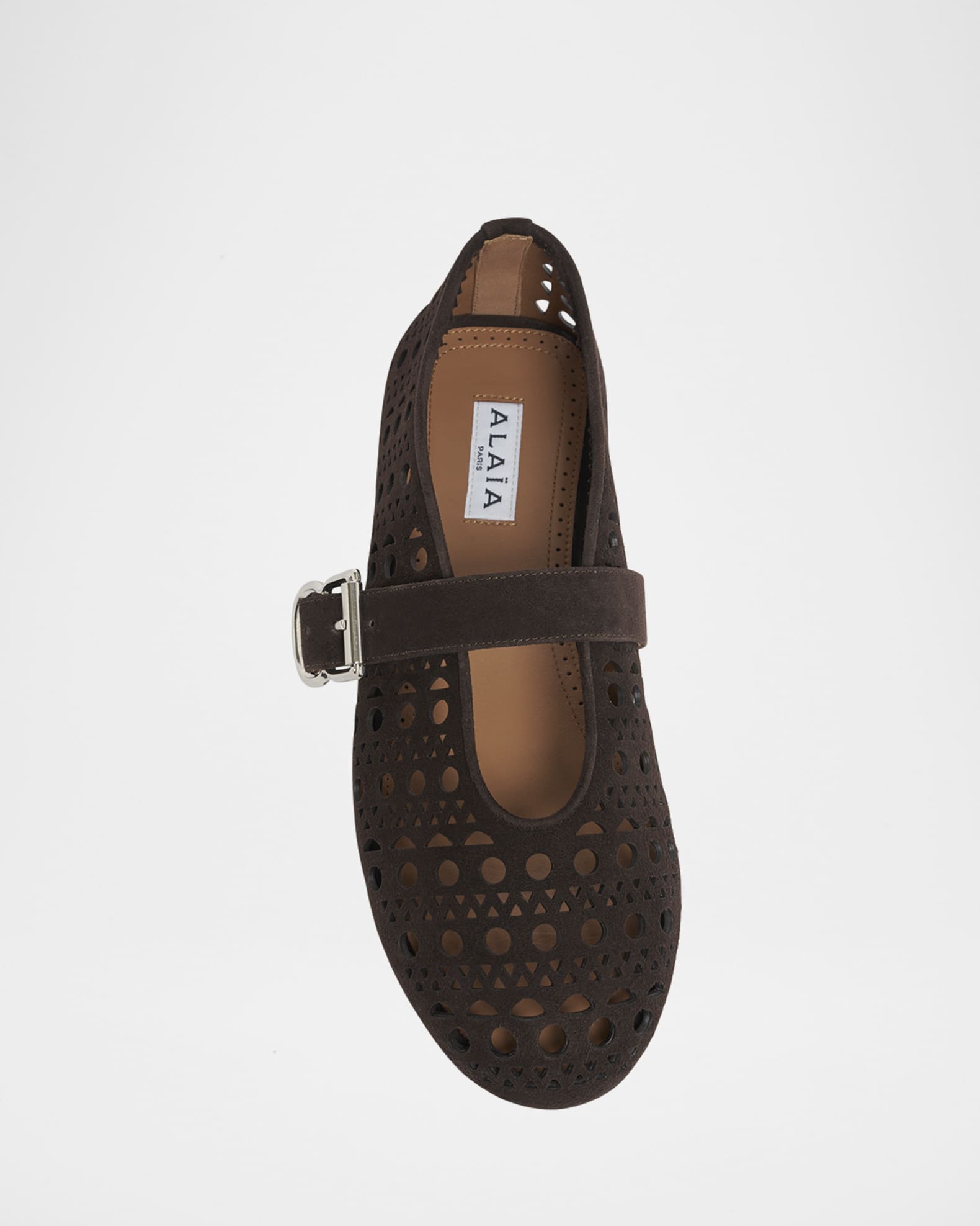 存在感抜群★ALAIA Vienne brown suede ballet flats ALAIA Vienne Perforated Suede Buckle Ballerina Flats