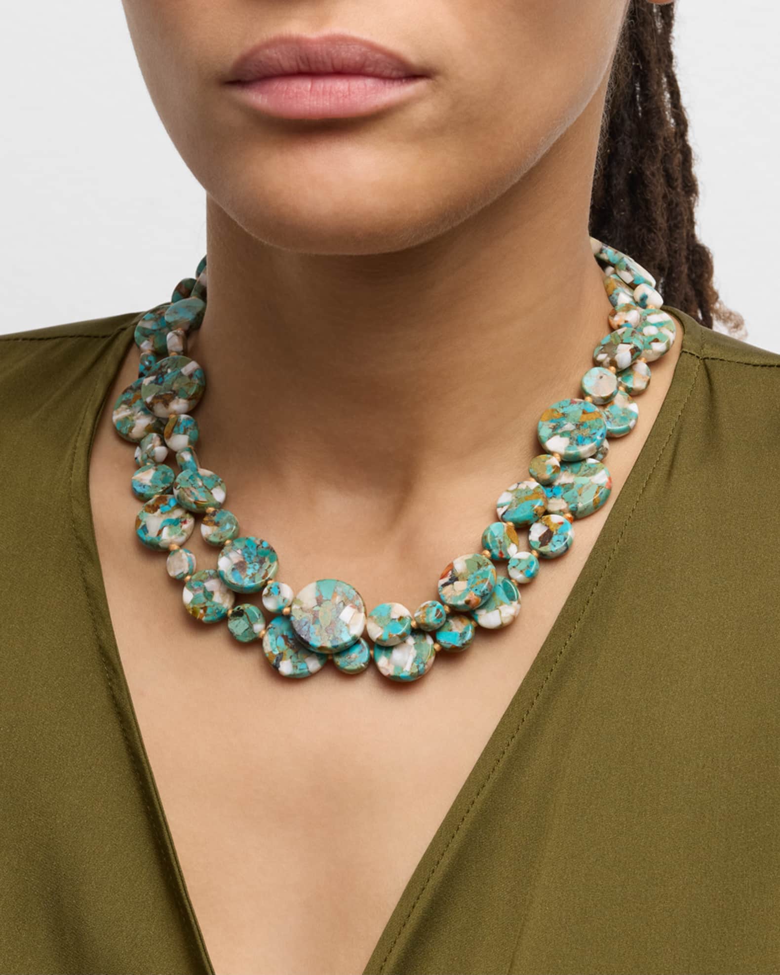 Long Turquoise and Pearly Coin Necklace, 36"L 1