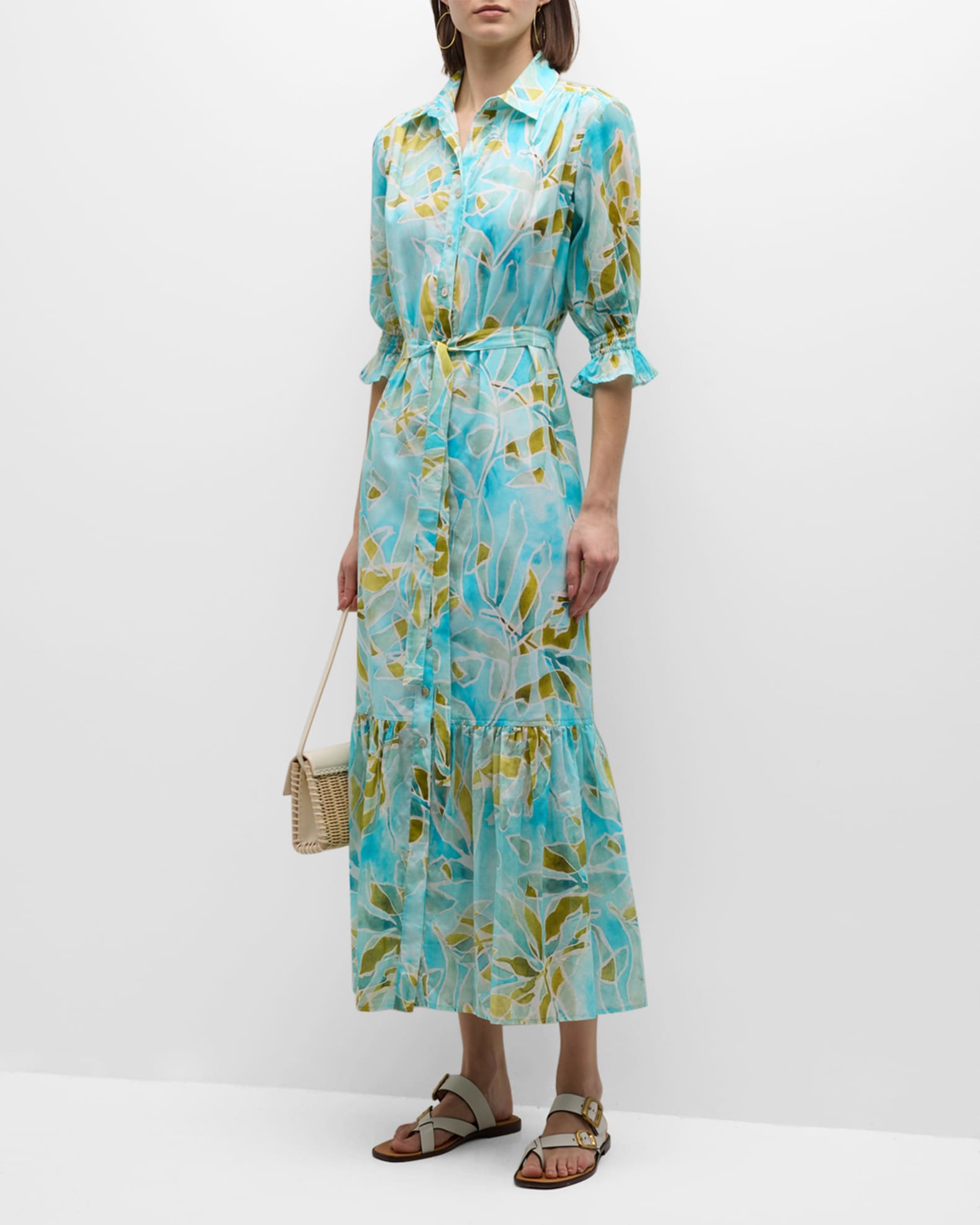Finley Sienna Seaweed-Print Flounce Midi Shirtdress | Neiman Marcus