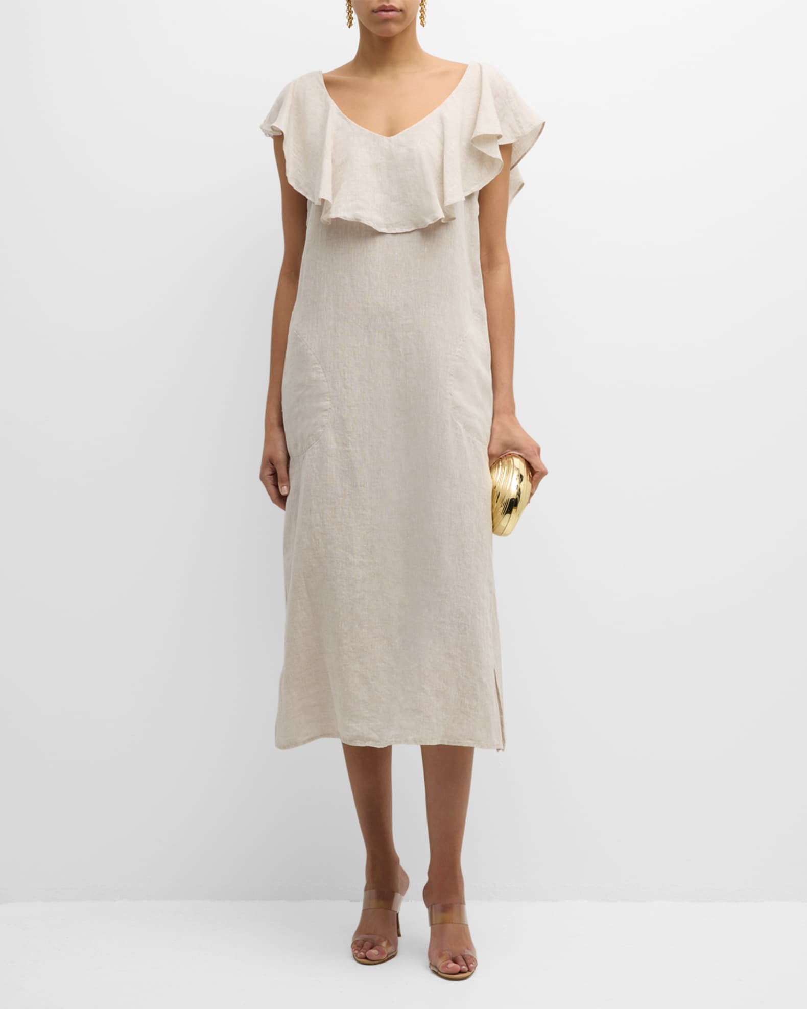 Finley Angel Flutter-Sleeve Ruffle Linen Midi Dress | Neiman Marcus