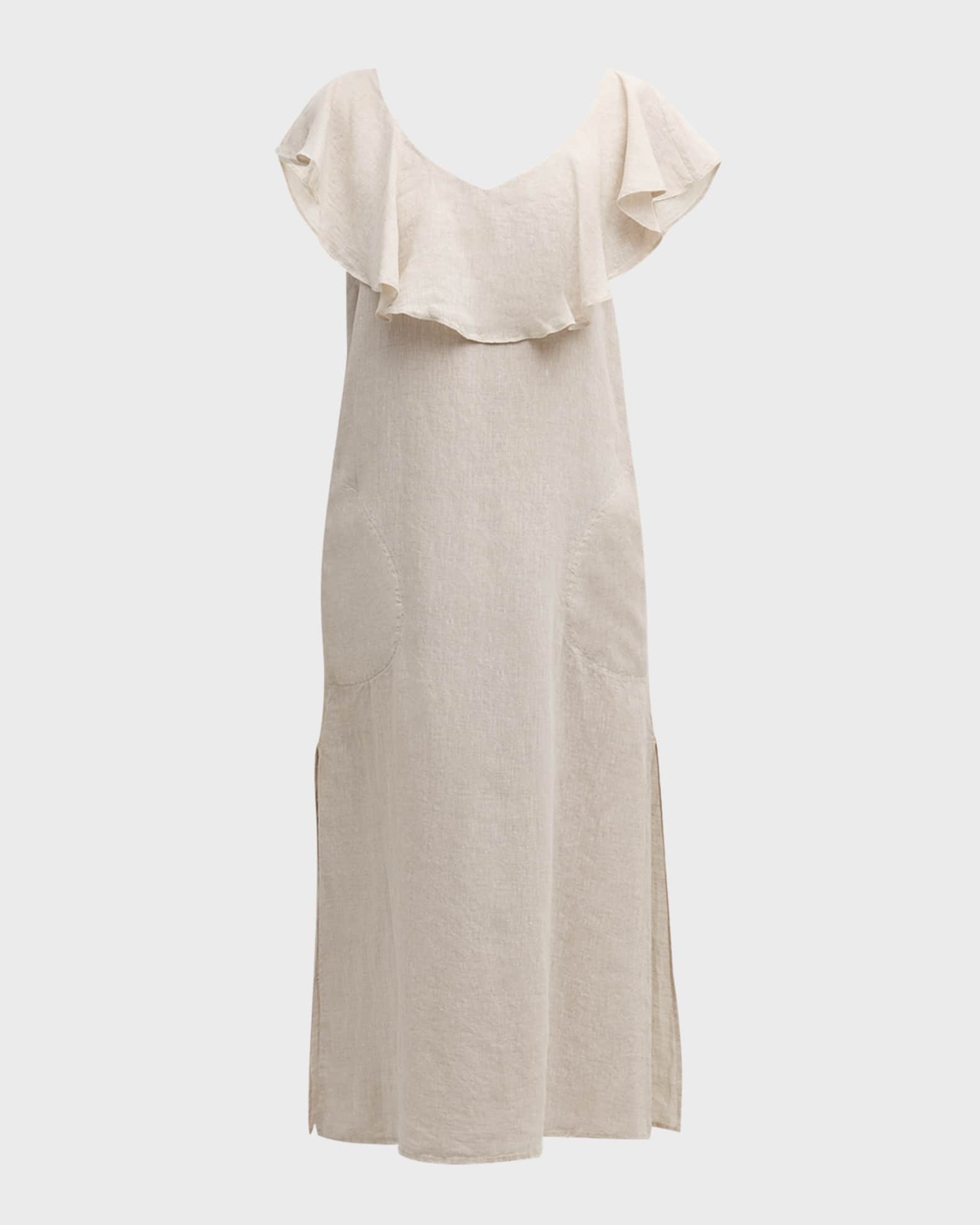 Finley Angel Flutter Sleeve Ruffle Linen Midi Dress Neiman Marcus