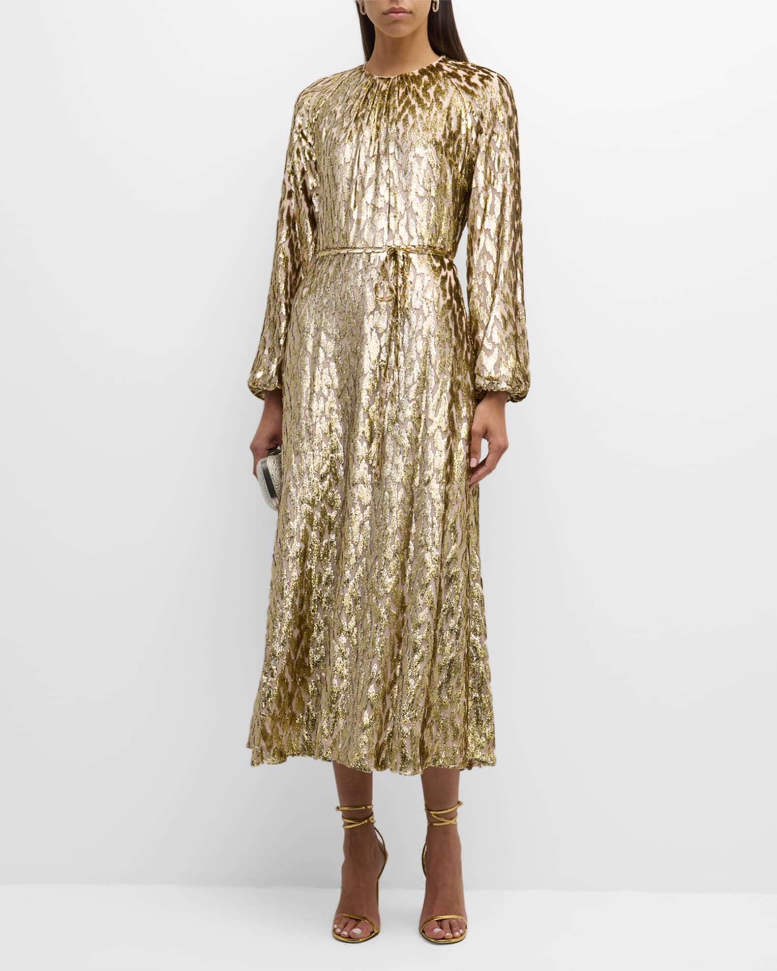 SIMKHAI Odina Blouson-Sleeve Metallic Midi Dress | Neiman Marcus