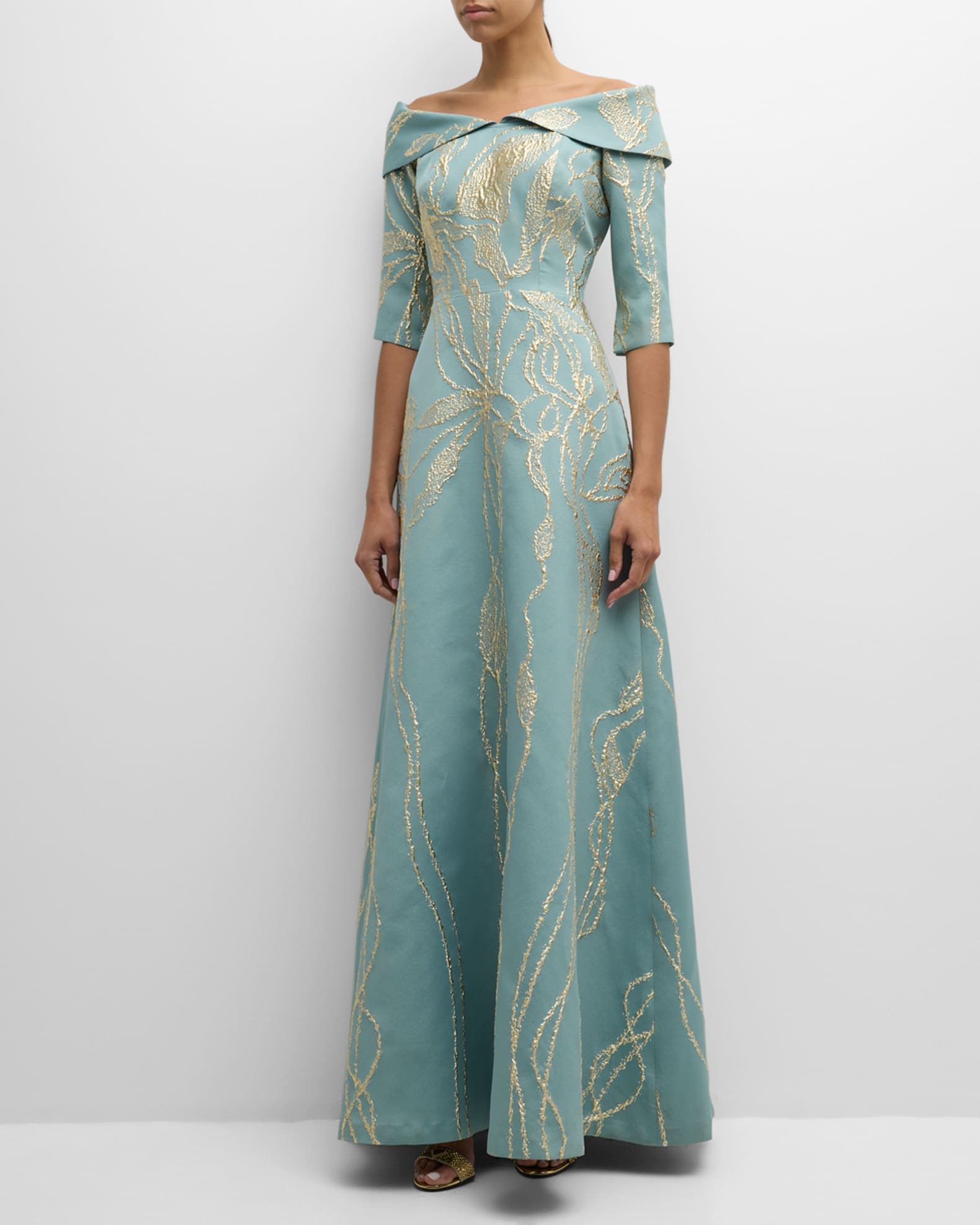 Rickie Freeman for Teri Jon Off-Shoulder Metallic Jacquard Gown ...