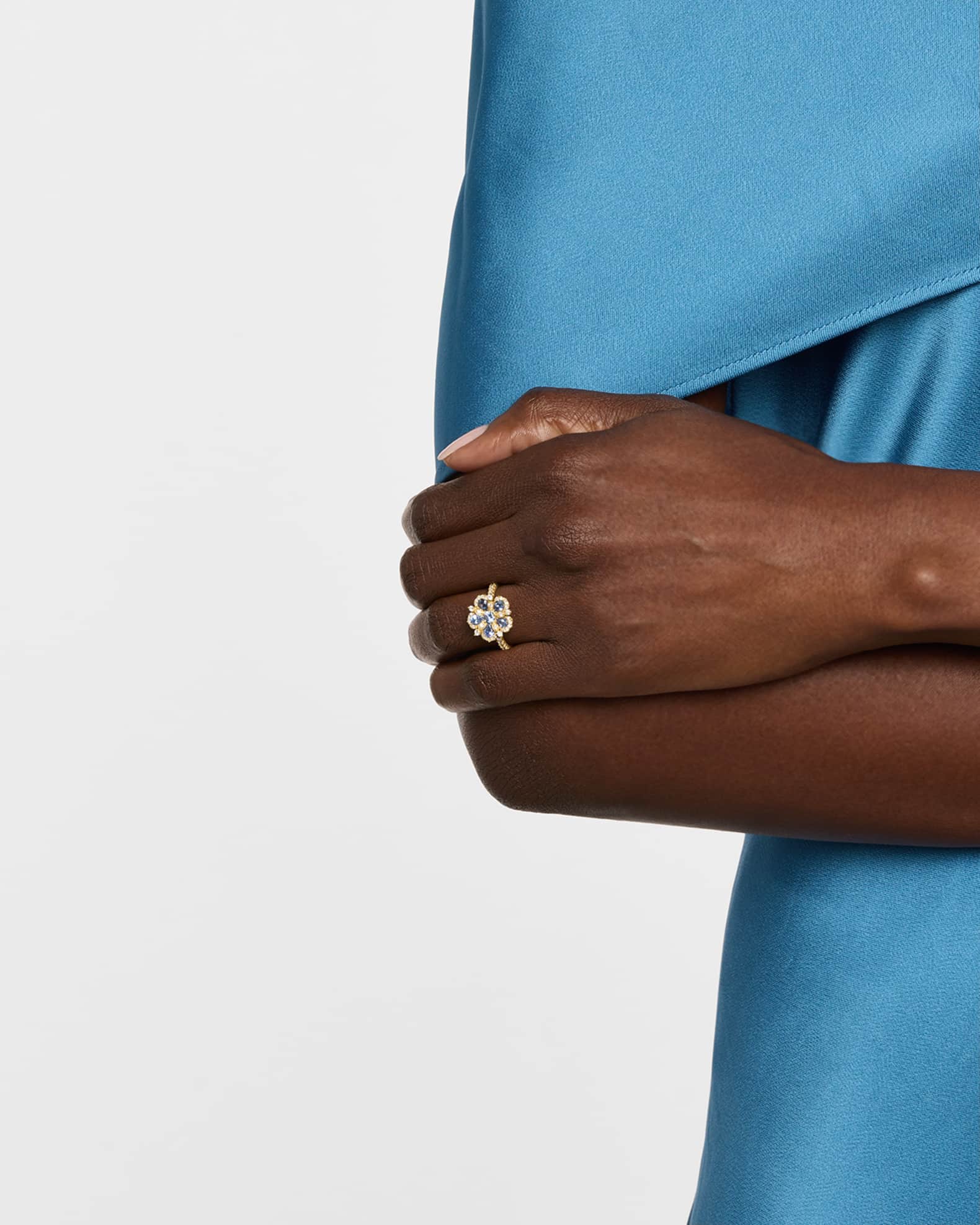 18K Yellow Gold Jasmine Bloom Diamond and Blue Sapphire Statement Ring 1