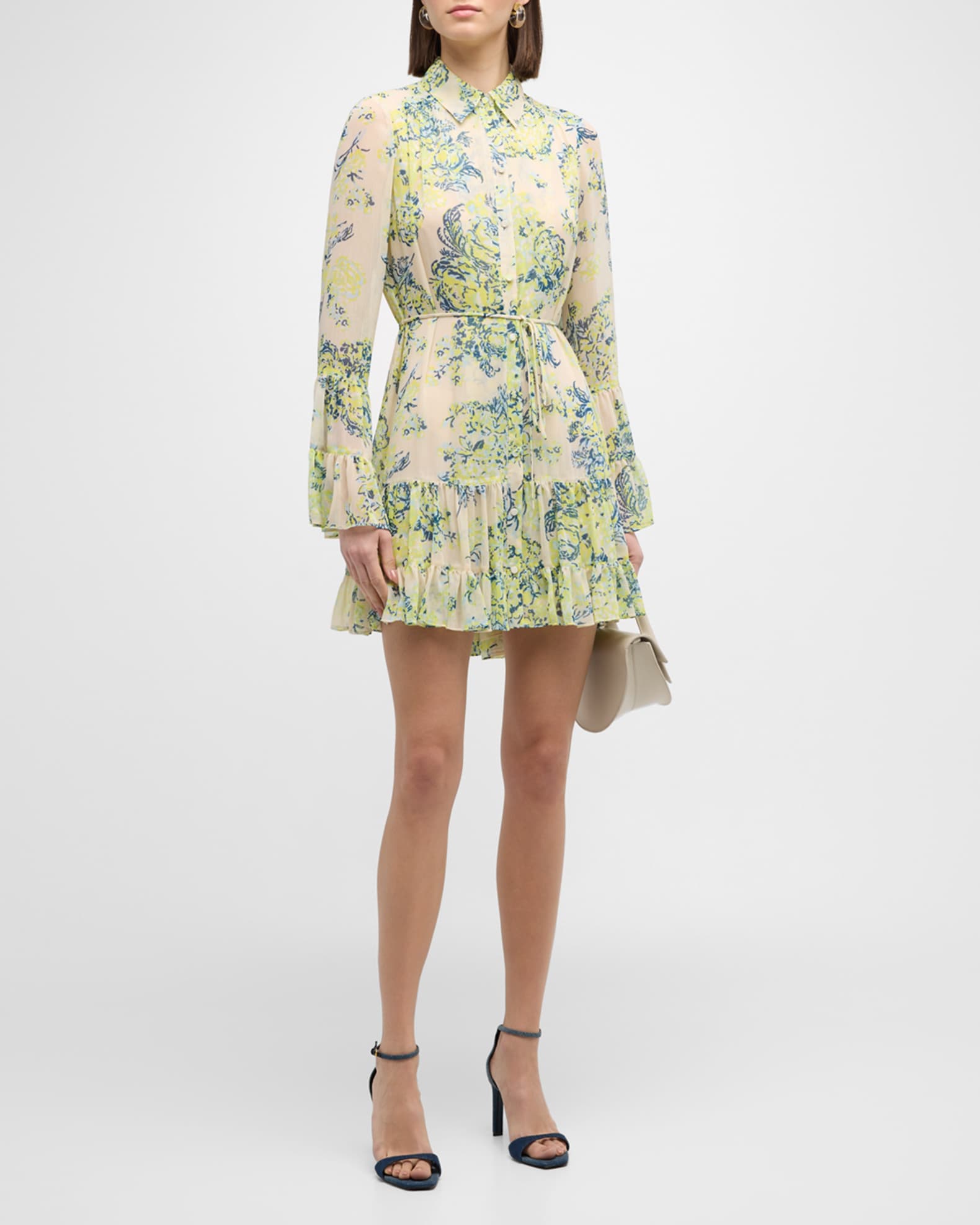 Cinq a Sept Lyra Floral Bell-Sleeve Mini Shirt Dress | Neiman Marcus