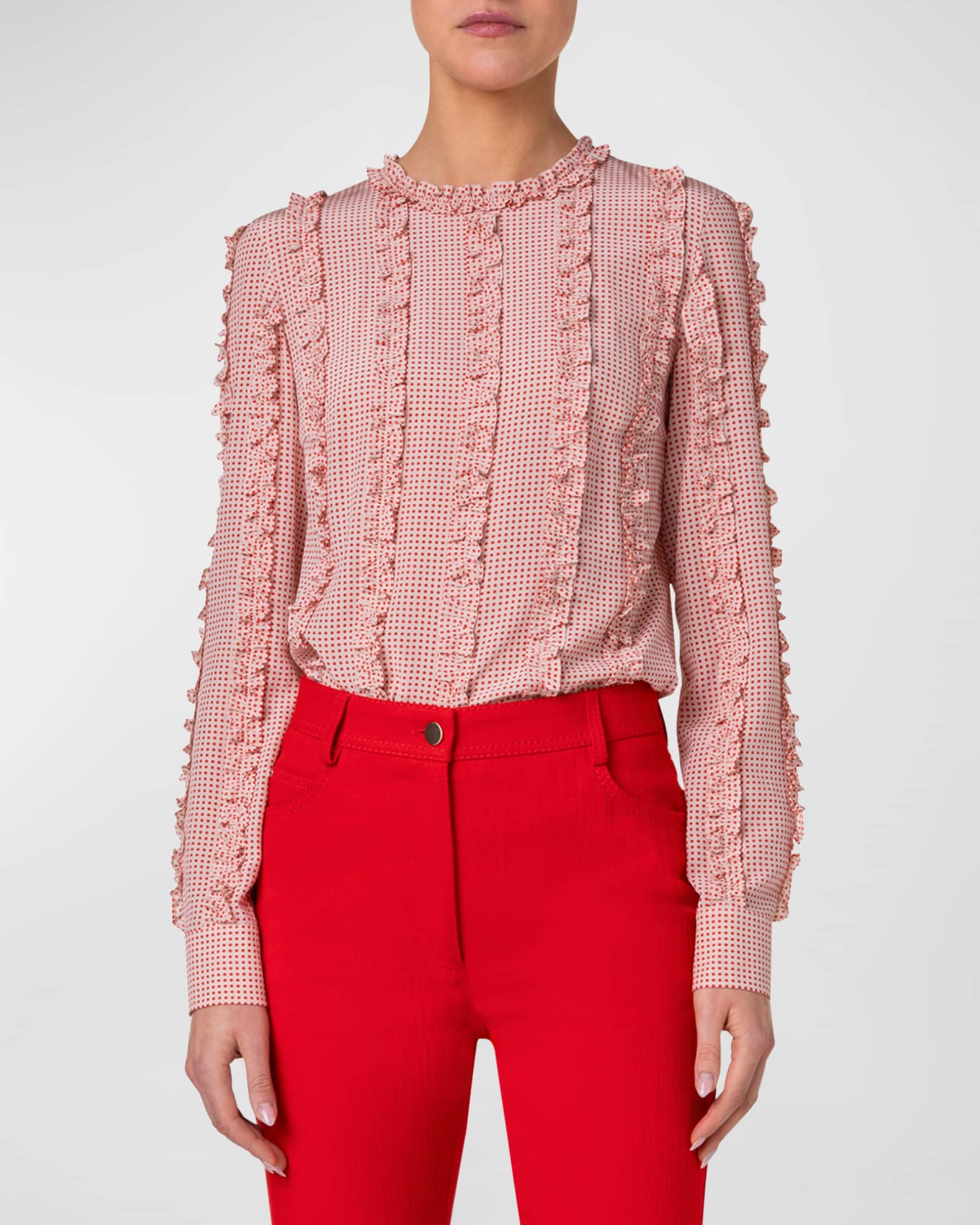 Akris punto Pin Dot Silk Crepe De Chine Ruffle Long-Sleeve Blouse ...