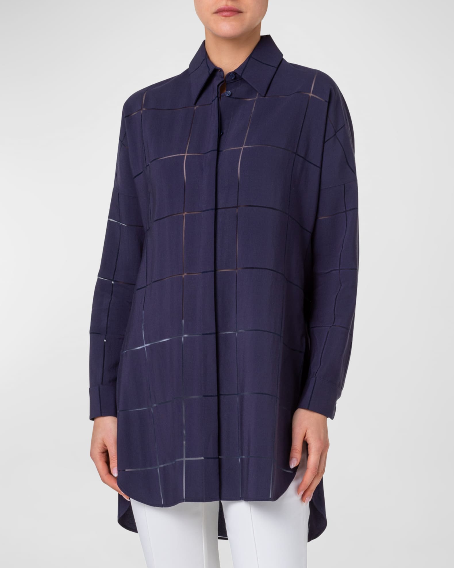 Akris punto Window Check Organzino Collared Tunic Blouse | Neiman Marcus