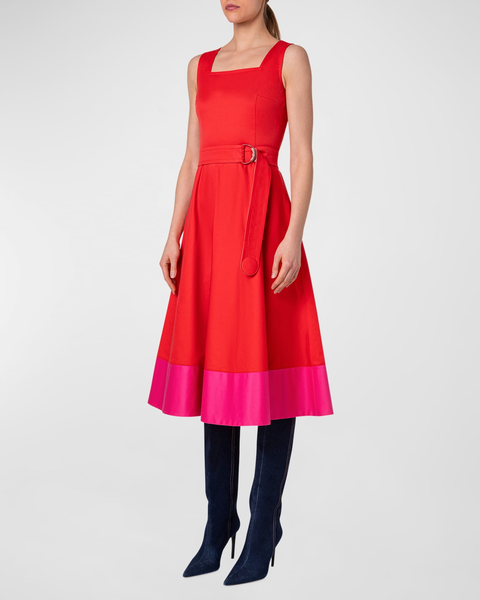 Cotton Poplin Colorblock Midi Dress with Belted Waist
