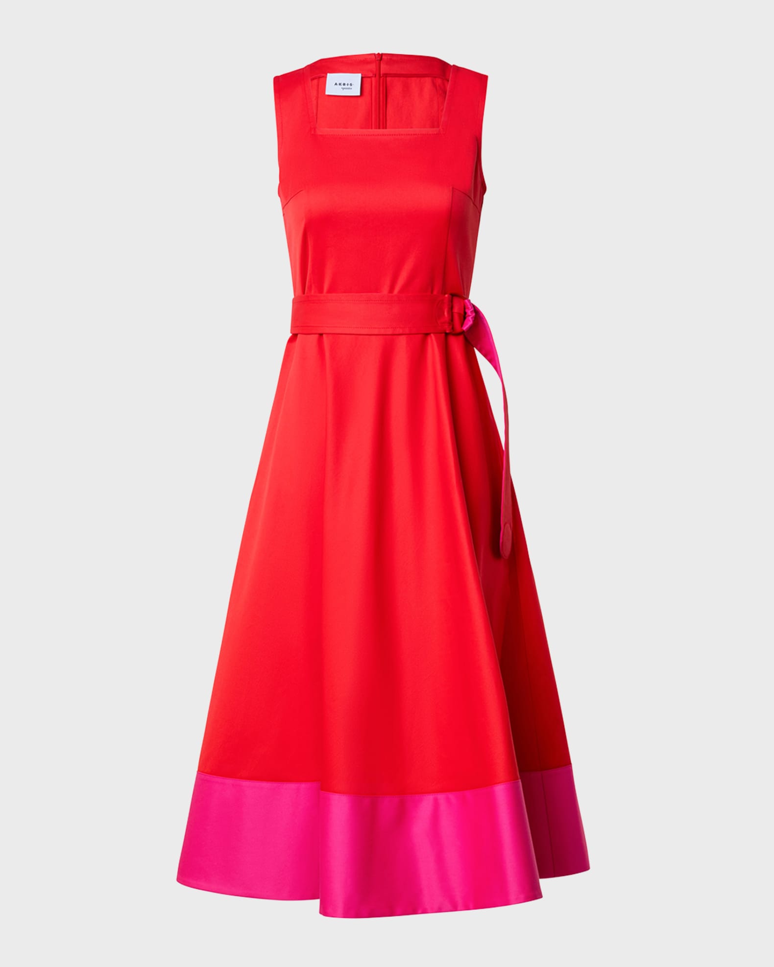Akris Punto Cotton Poplin Colorblock Midi Dress with Belted Waist Red Pink